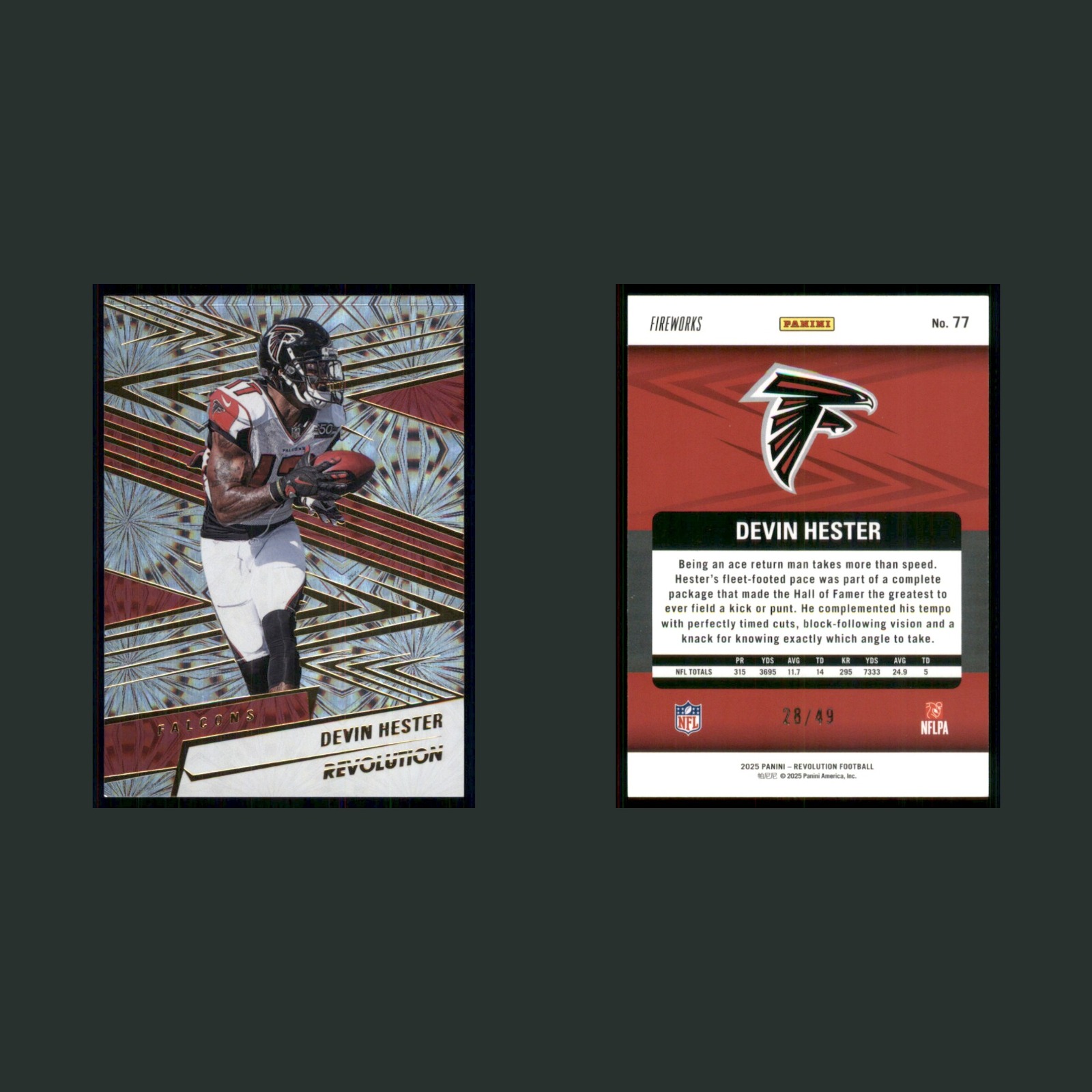Devin Hester /49 #77 2025 Panini Revolution Fireworks Atlanta Falcons Football front and back scans. Card condition is Near Mint.