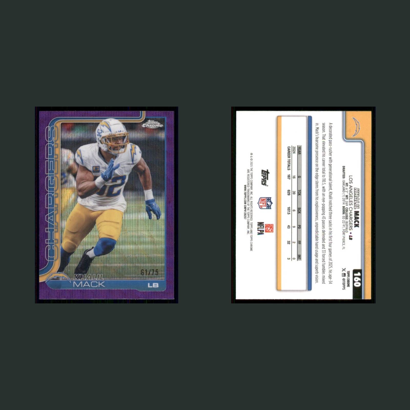 Khalil Mack /75 #160 2025 Topps Chrome Purple Wave Refractor Chargers Football front and back scans. Card condition is Near Mint.