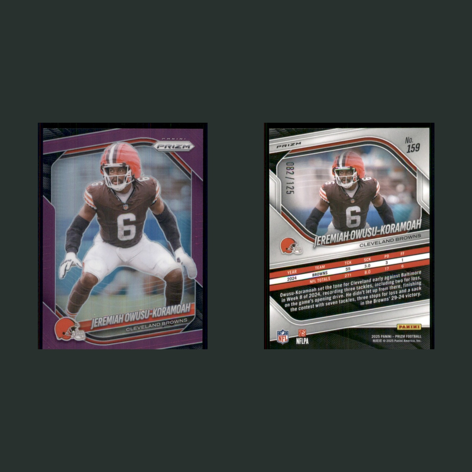 Jeremiah Owusu-Koramoah /125 #159 2025 Panini Prizm Purple Cleveland Browns Card front and back scans. Card condition is Near Mint.