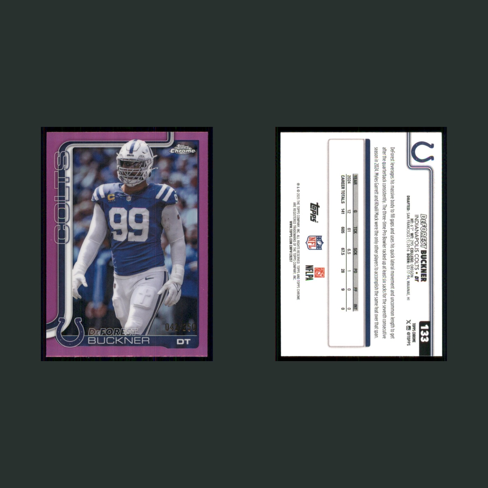 DeForest Buckner /250 #133 2025 Topps Chrome Pink Refractor Indianapolis Colts front and back scans. Card condition is Near Mint.