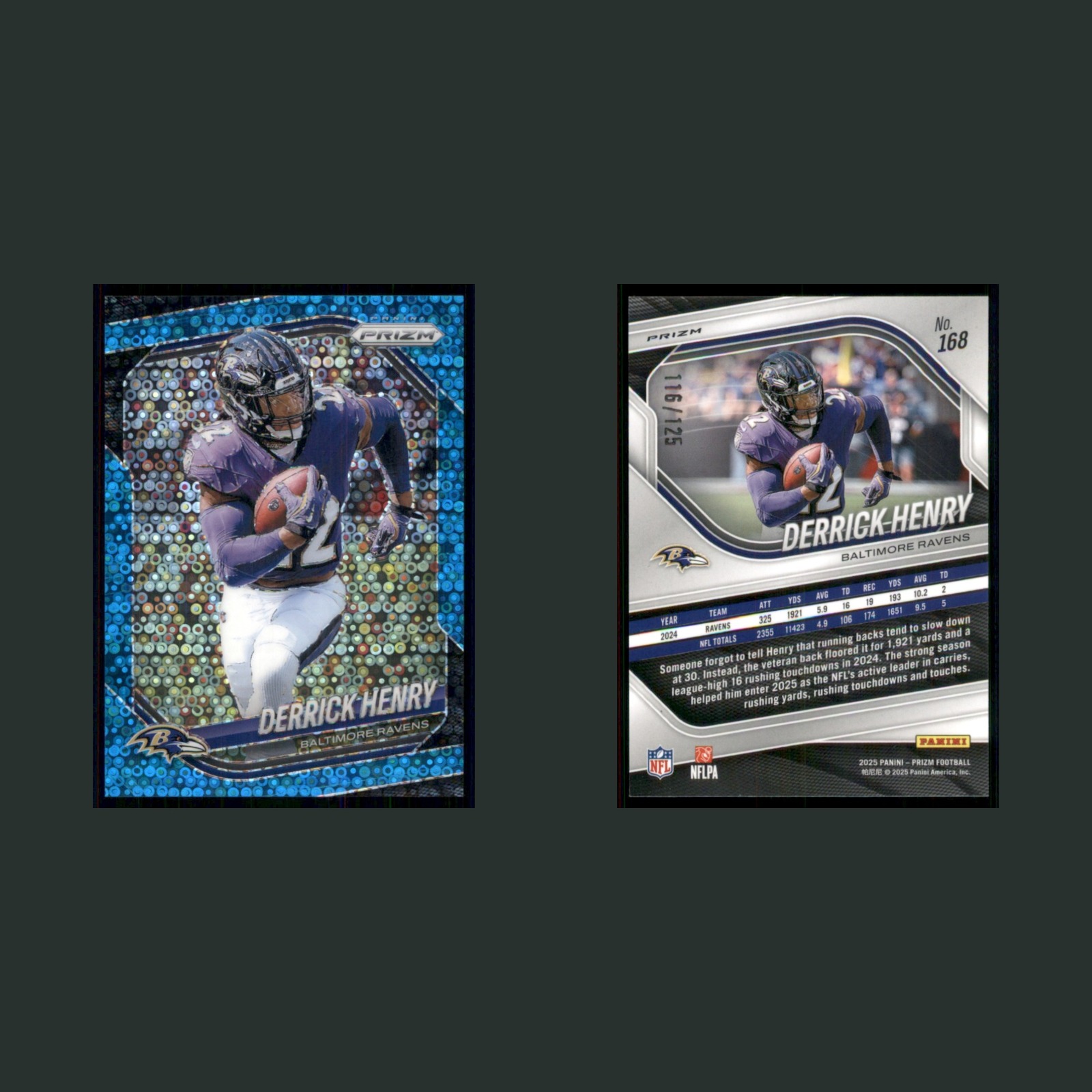 Derrick Henry /125 #168 2025 Panini Prizm No Huddle Blue Baltimore Ravens Card front and back scans. Card condition is Near Mint.