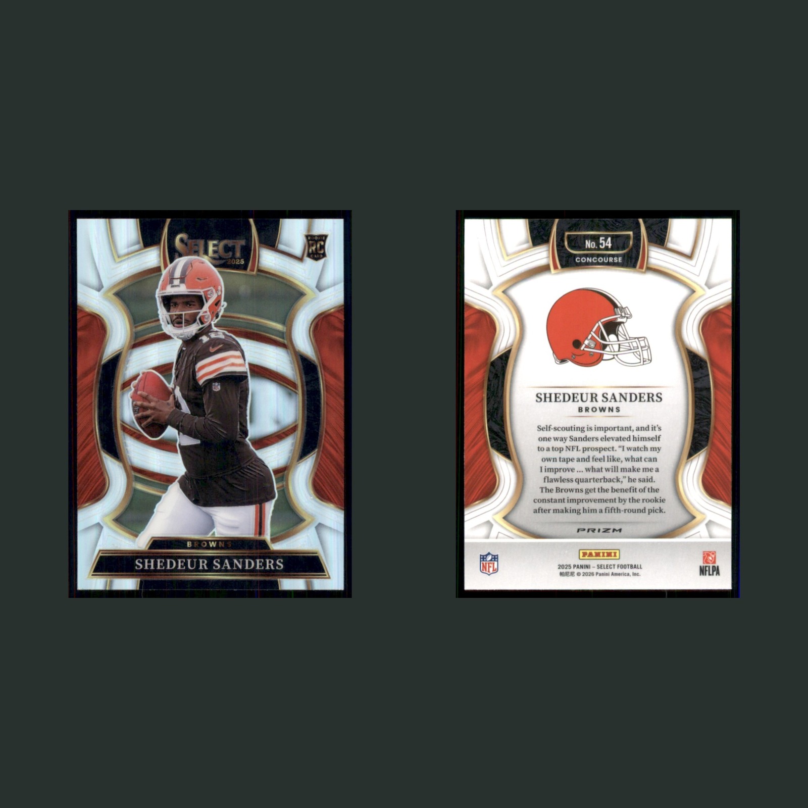 Shedeur Sanders Rookie #54 2025 Panini SelectSilver Prizm Cleveland Browns Card front and back scans. Card condition is Near Mint.