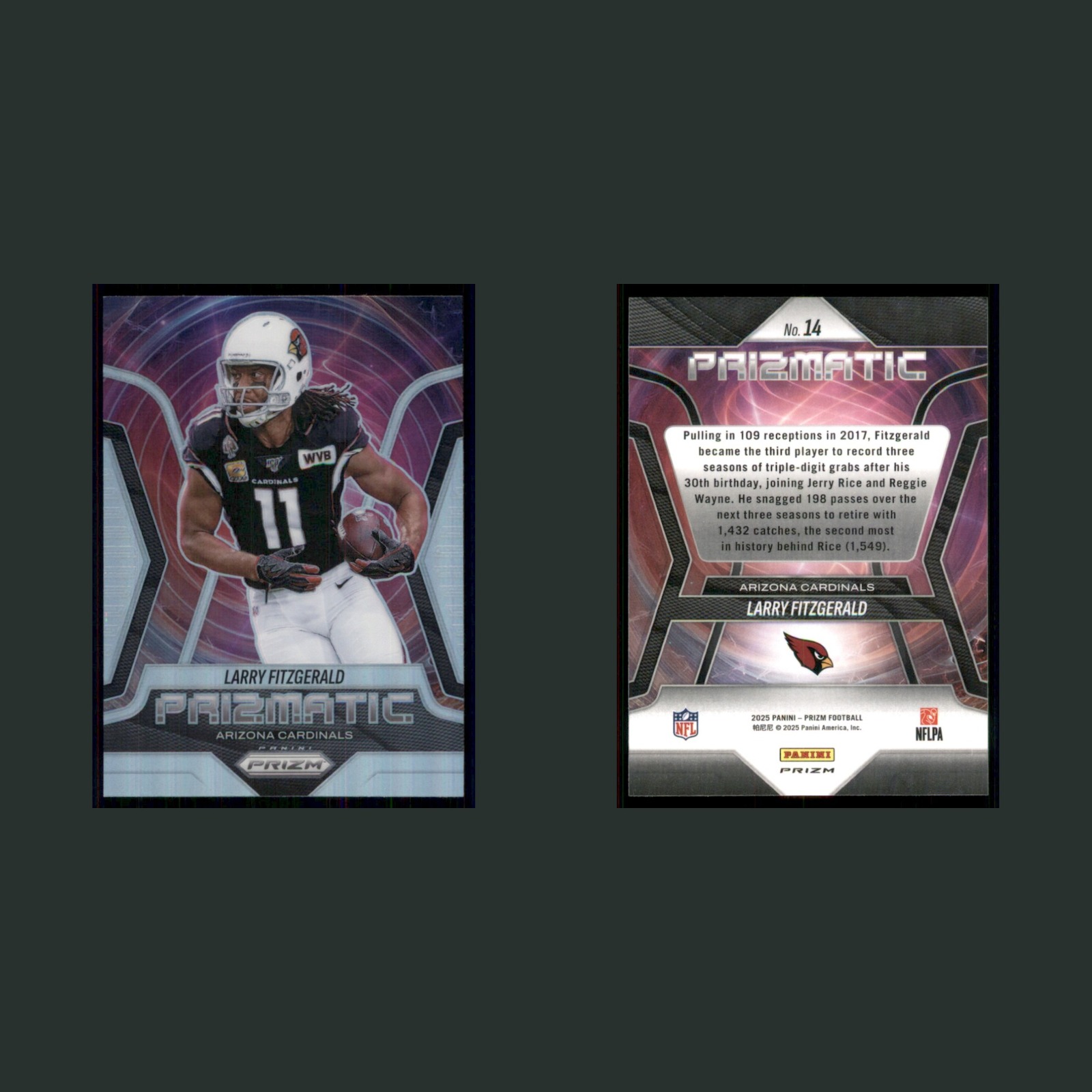 Larry Fitzgerald #14 2025 Panini Prizm Prizmatic Silver Arizona Cardinals Card front and back scans. Card condition is Near Mint.