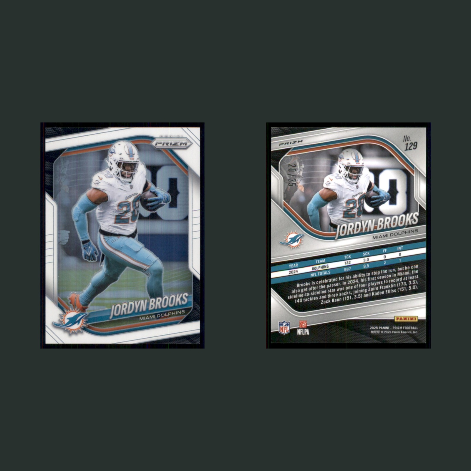 Jordyn Brooks /35 #129 2025 Panini Prizm White Miami Dolphins Football Card NFL front and back scans. Card condition is Near Mint.