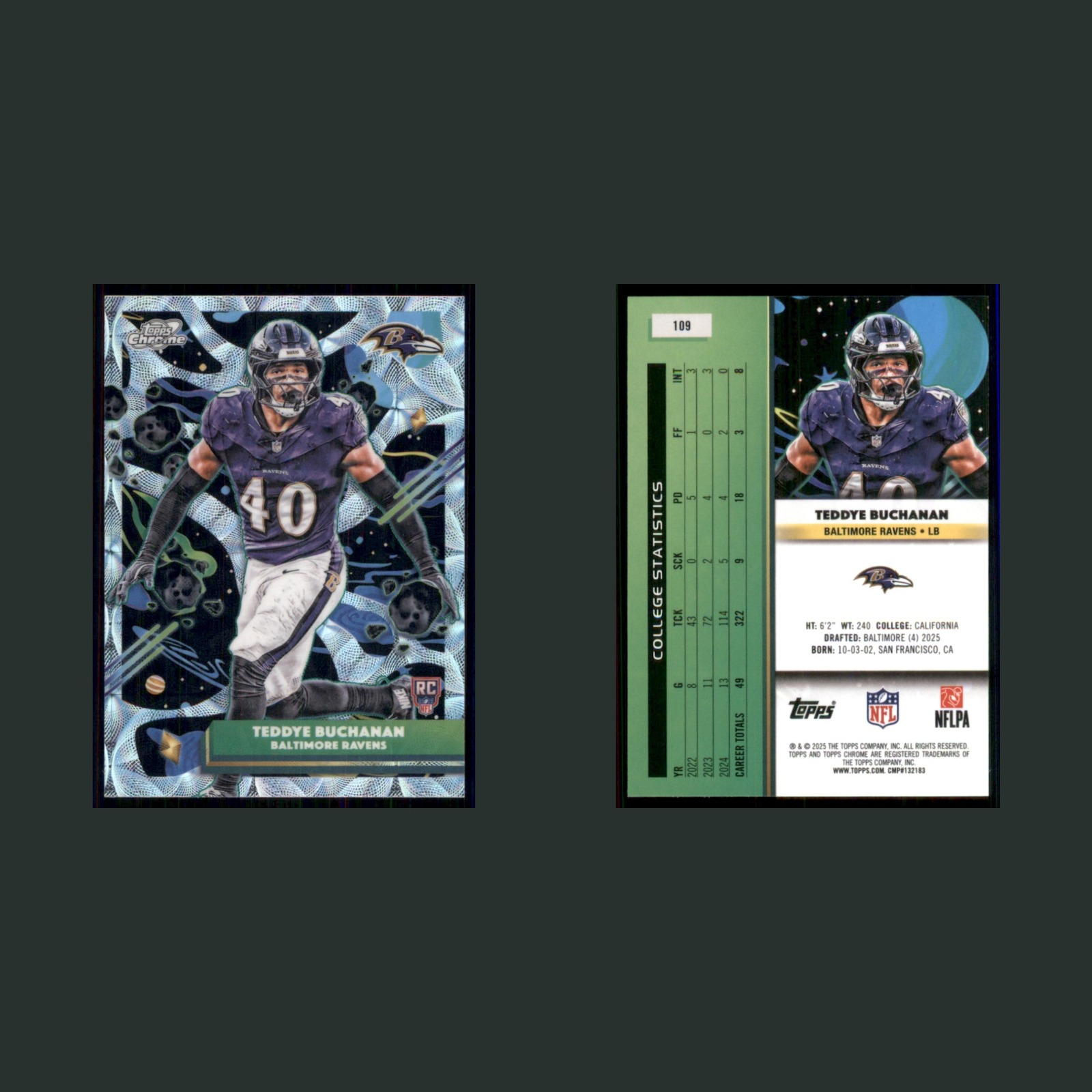 Teddye Buchanan Rookie #109 2025 Topps Chrome Cosmic Nucleus Refractor Ravens front and back scans. Card condition is Near Mint.