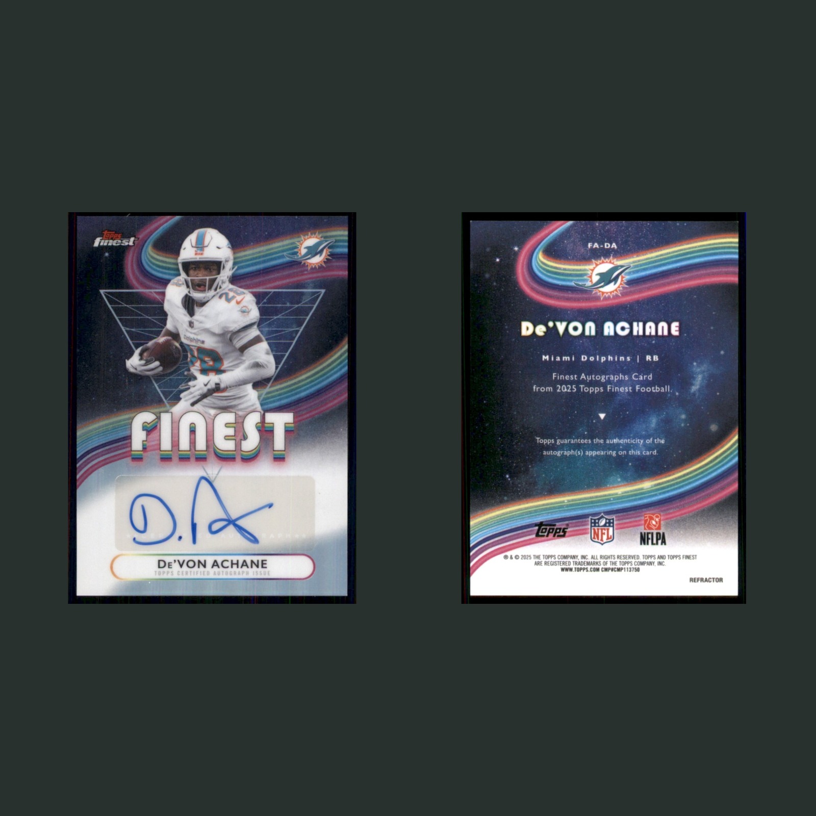 De'Von Achane Auto #FA-DA Autograph 2025 Finest Autographs Miami Dolphins Card front and back scans. Card condition is Near Mint.