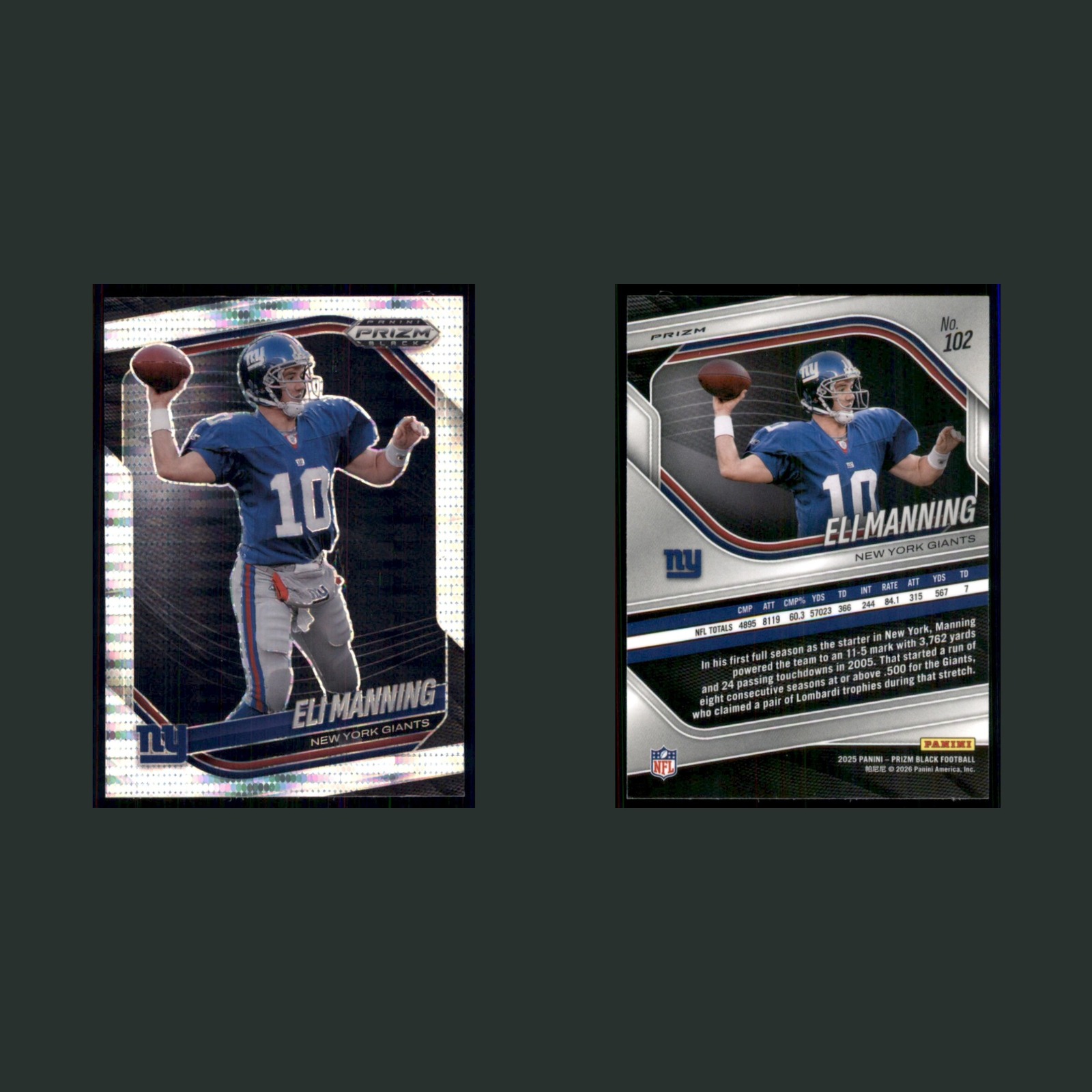 Eli Manning #102 2025 Panini Prizm Black Pulsar New York Giants Football Card front and back scans. Card condition is Near Mint.