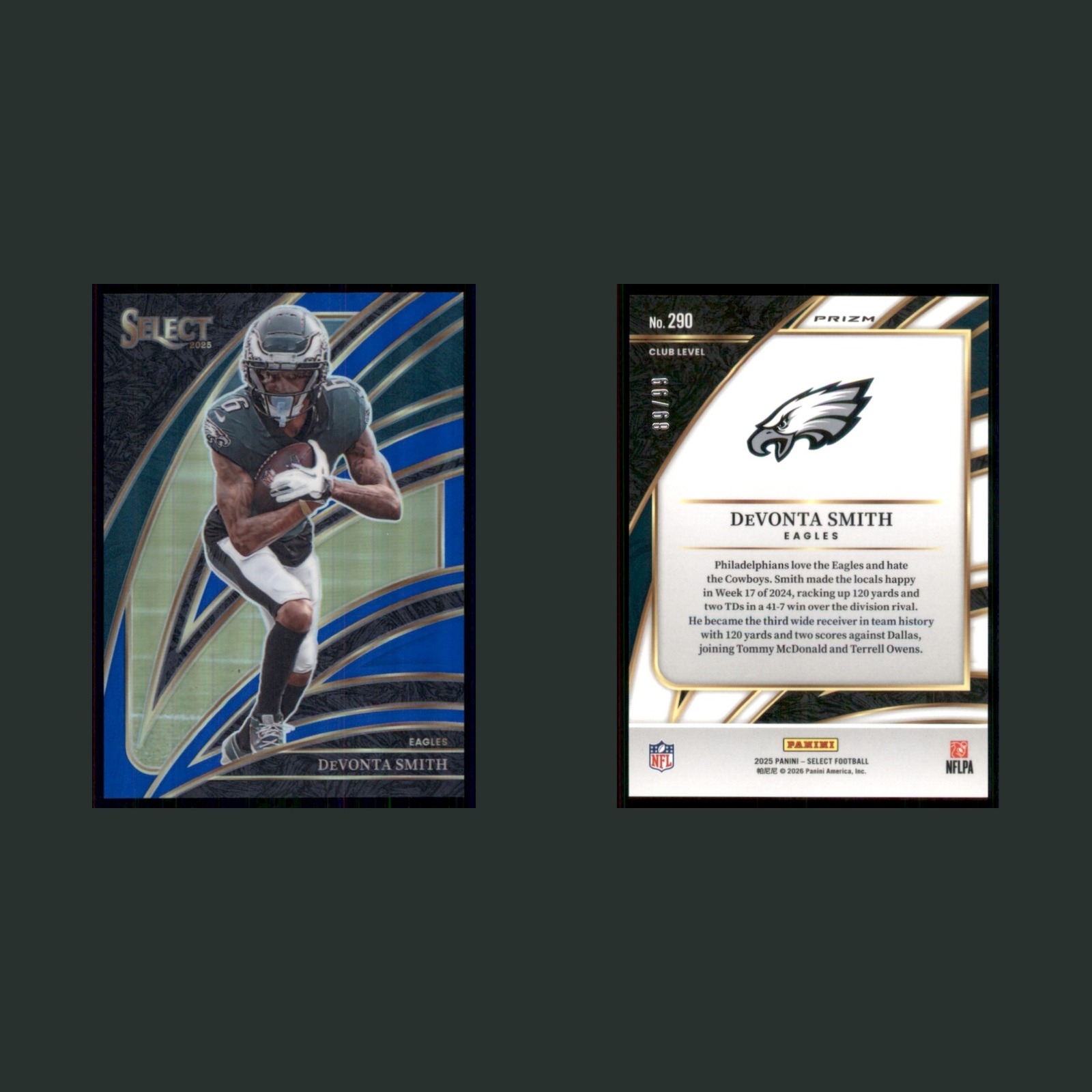 DeVonta Smith /99 #290 2025 Panini Select Blue Prizm Philadelphia Eagles Card front and back scans. Card condition is Near Mint.