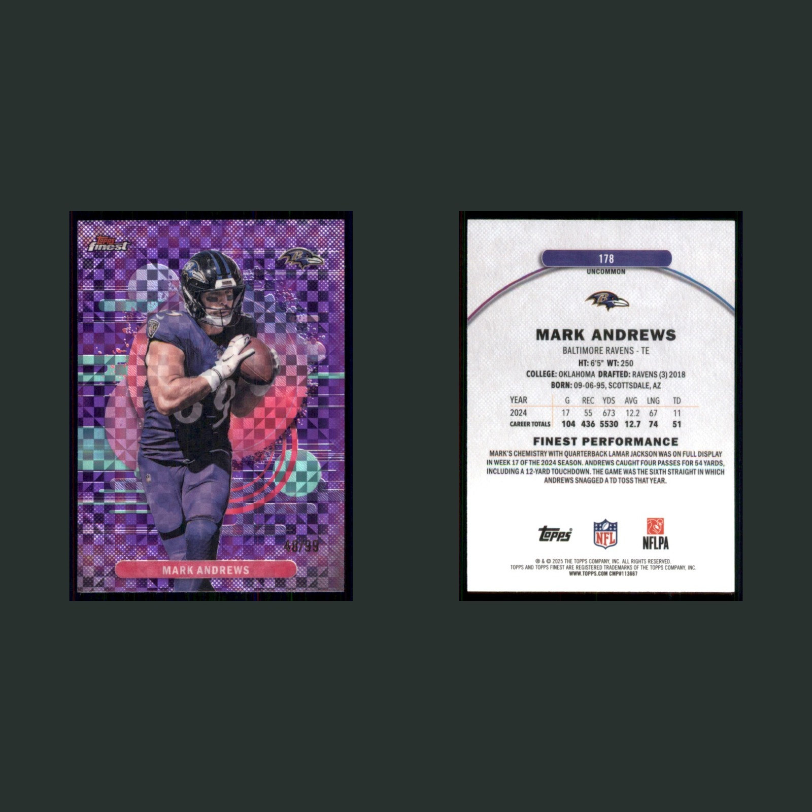 Mark Andrews /99 #178 2025 Finest Purple XFractor Baltimore Ravens Football Card front and back scans. Card condition is Near Mint.