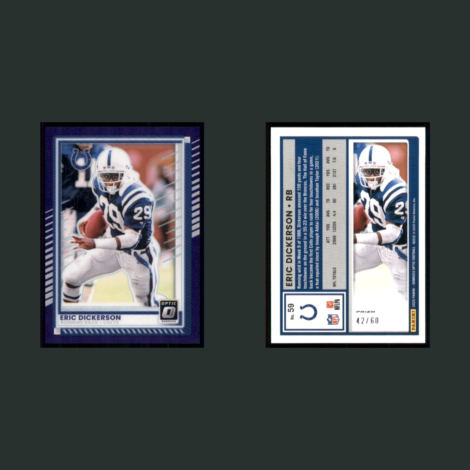 Eric Dickerson /60 #59 2025 Donruss Optic Purple Indianapolis Colts Football NFL front and back scans. Card condition is Near Mint.