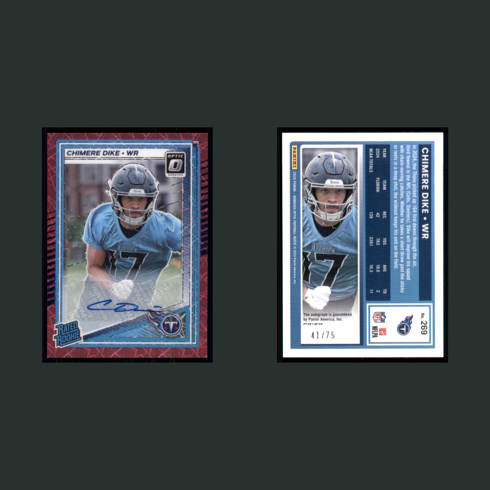 Chimere Dike Rookie /75 #269 Autograph 2025 Donruss Optic Pink Velocity Titans front and back scans. Card condition is Near Mint.