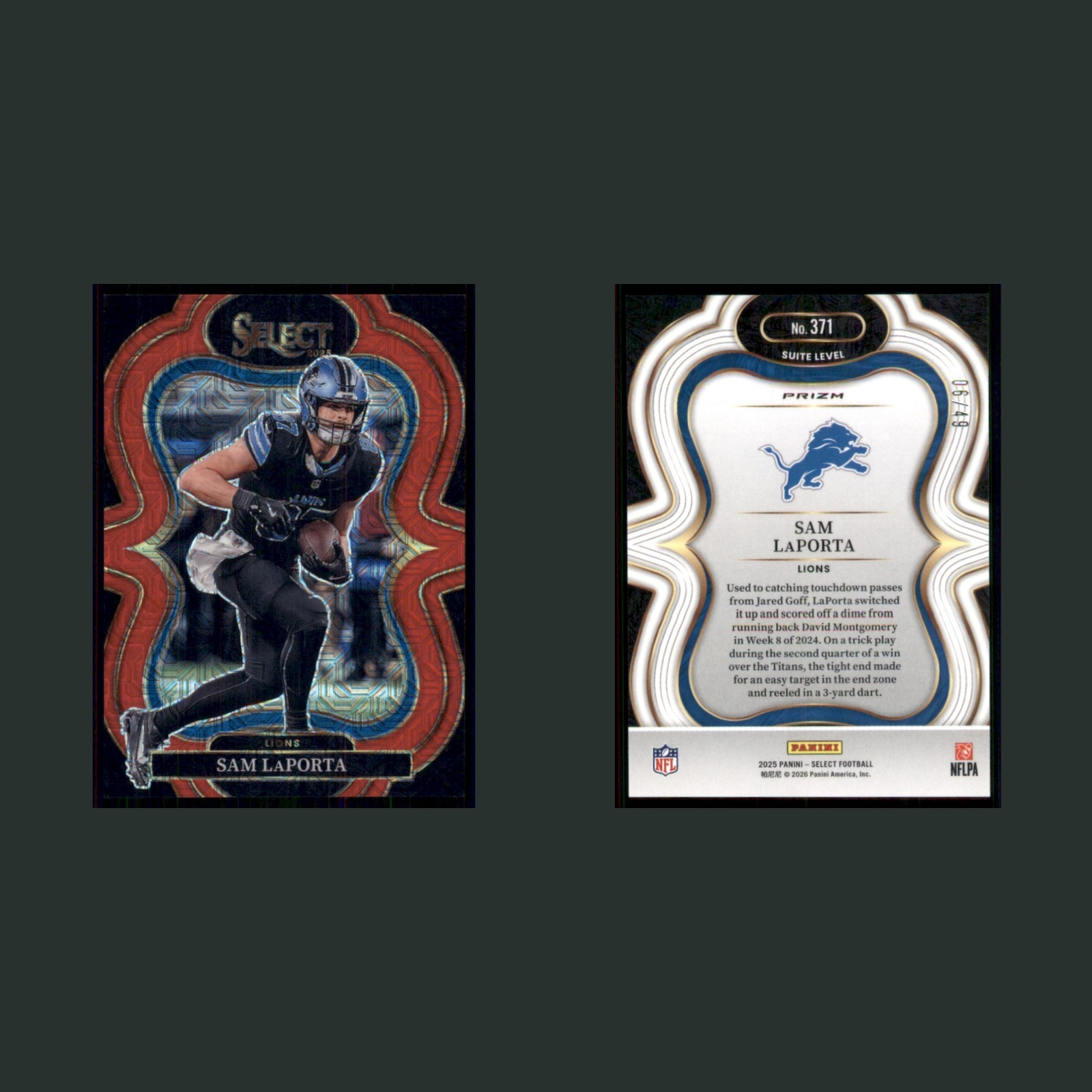 Sam LaPorta /49 #371 2025 Panini Select Red Mojo Prizm Detroit Lions Football front and back scans. Card condition is Near Mint.