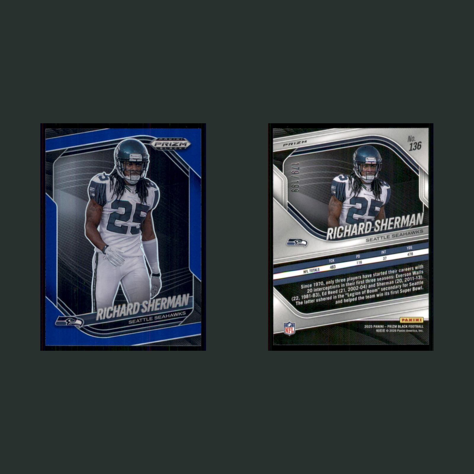 Richard Sherman /199 #136 2025 Panini Prizm Black Prizms Blue Seattle Seahawks front and back scans. Card condition is Near Mint.