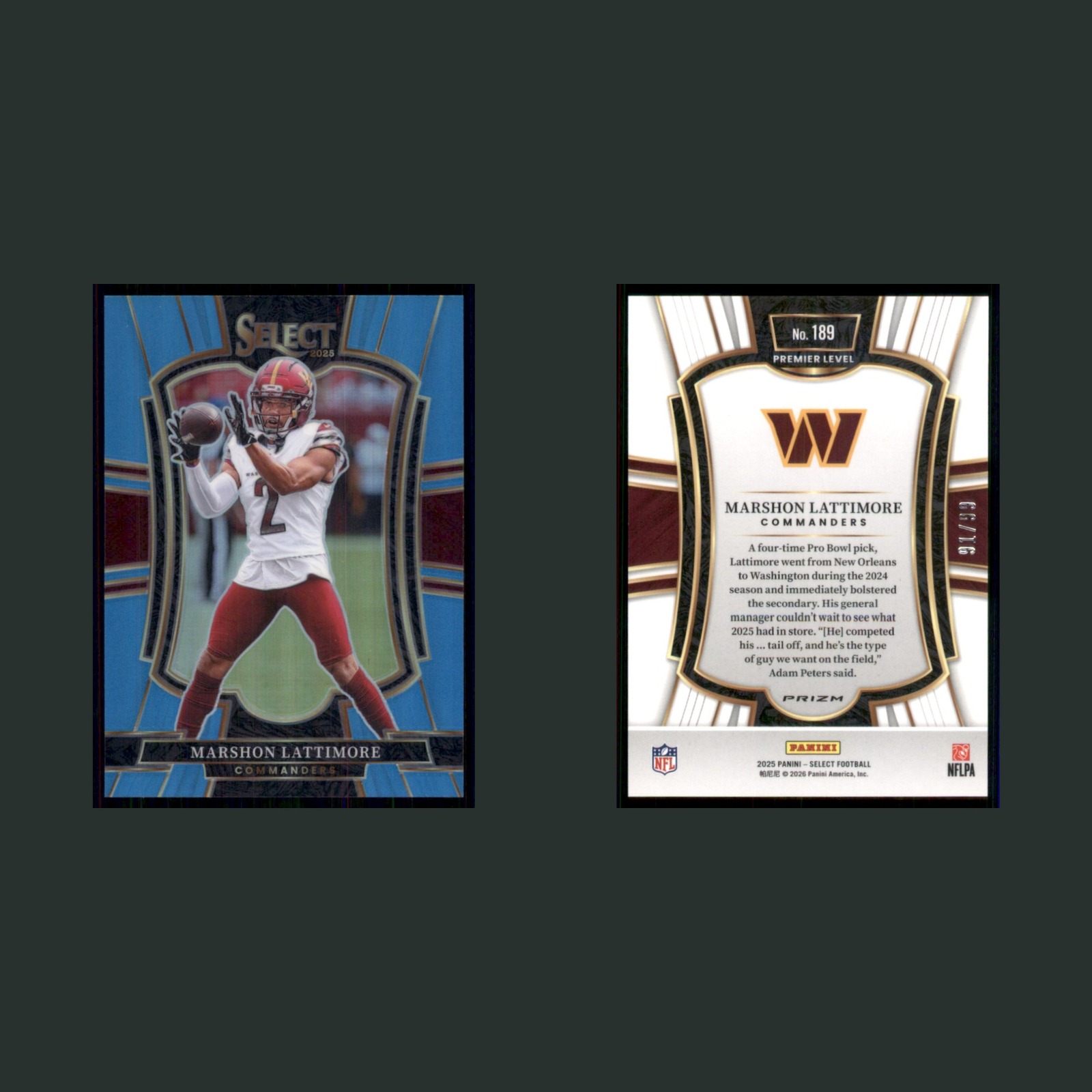 Marshon Lattimore /99 #189 2025 Panini Select Blue Prizm Washington Commanders front and back scans. Card condition is Near Mint.