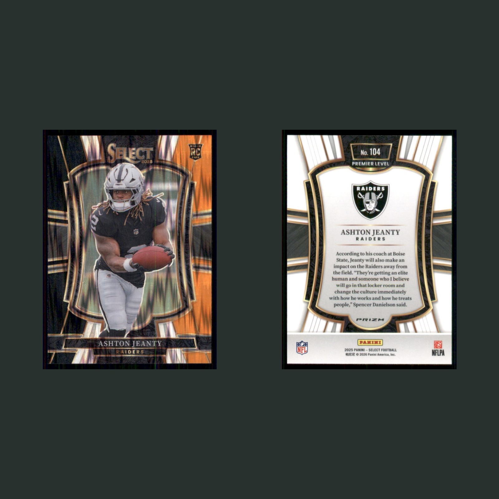 Ashton Jeanty Rookie #104 2025 Panini Select Black and Orange Prizm Shock Card front and back scans. Card condition is Near Mint.