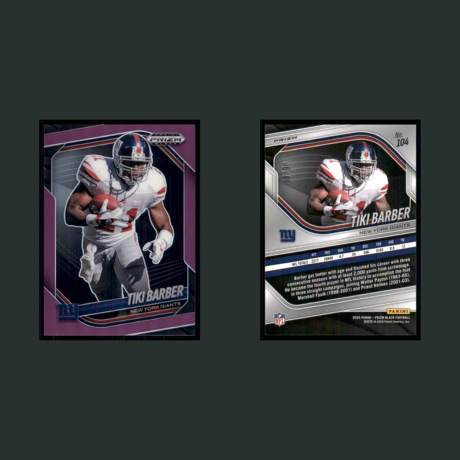 Tiki Barber /99 #104 2025 Panini Prizm Black Prizms Purple New York Giants Card front and back scans. Card condition is Near Mint.