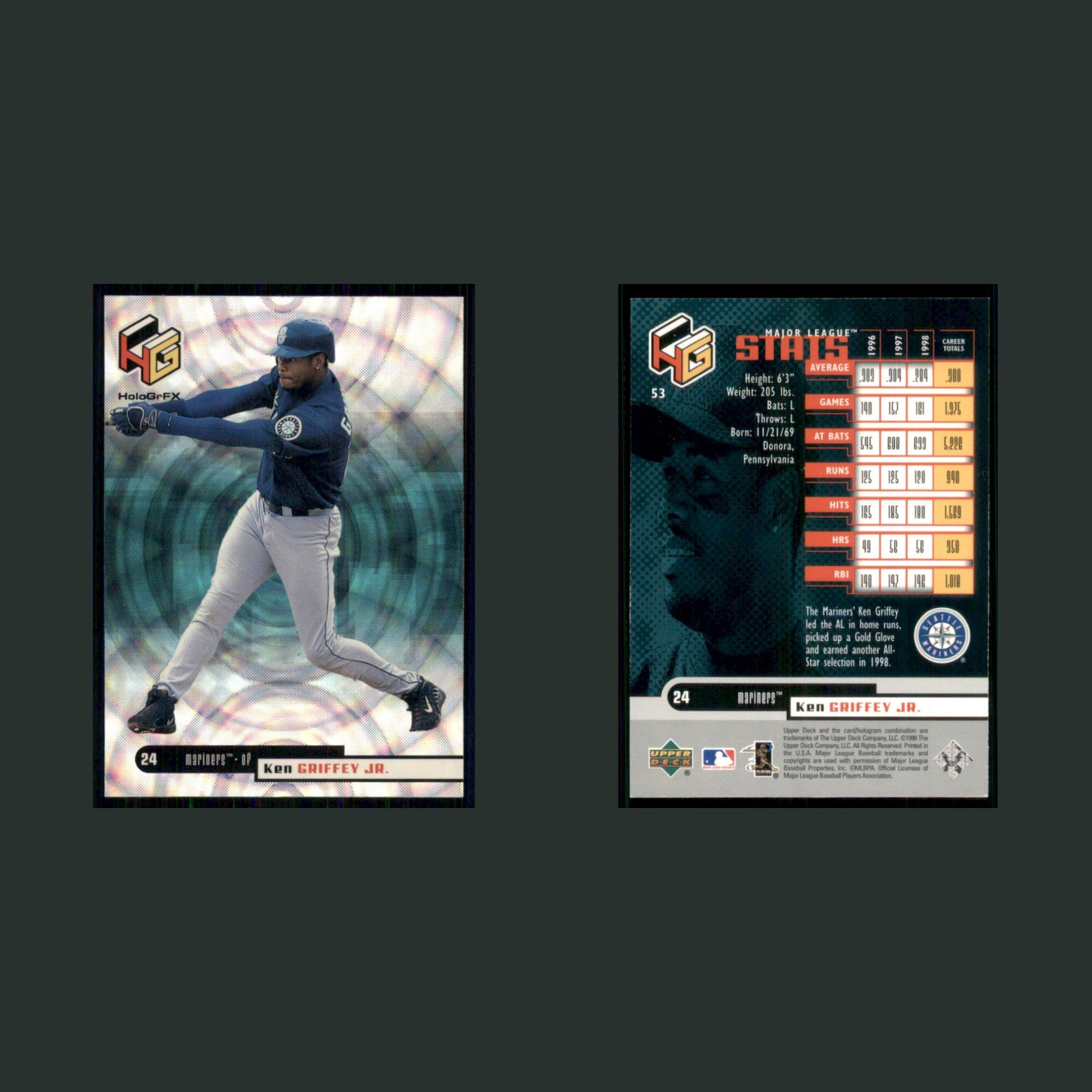 Ken Griffey Jr. #53 1999 Upper Deck HoloGr-FX Seattle Mariners Baseball Card MLB front and back scans. Card condition is Near Mint.