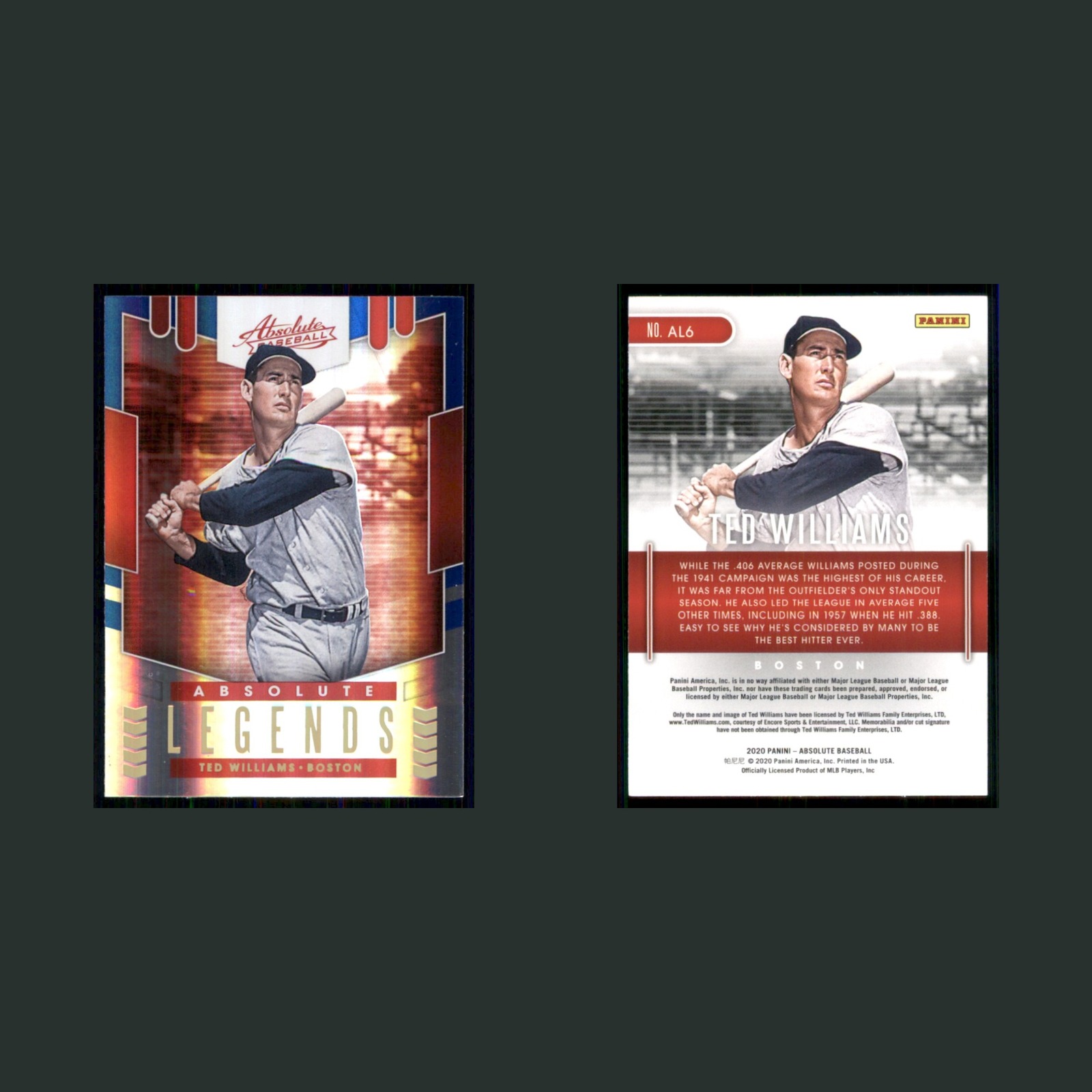 Ted Williams #AL6 2020 Panini Absolute Legends Blue Boston Red Sox Baseball Card front and back scans. Card condition is Near Mint.