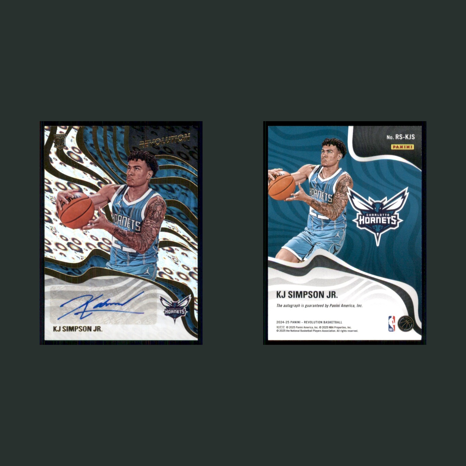 KJ Simpson Jr Rookie #RS-KJS Autograph 2024-25 Panini Revolution Signatures Card front and back scans. Card condition is Near Mint.