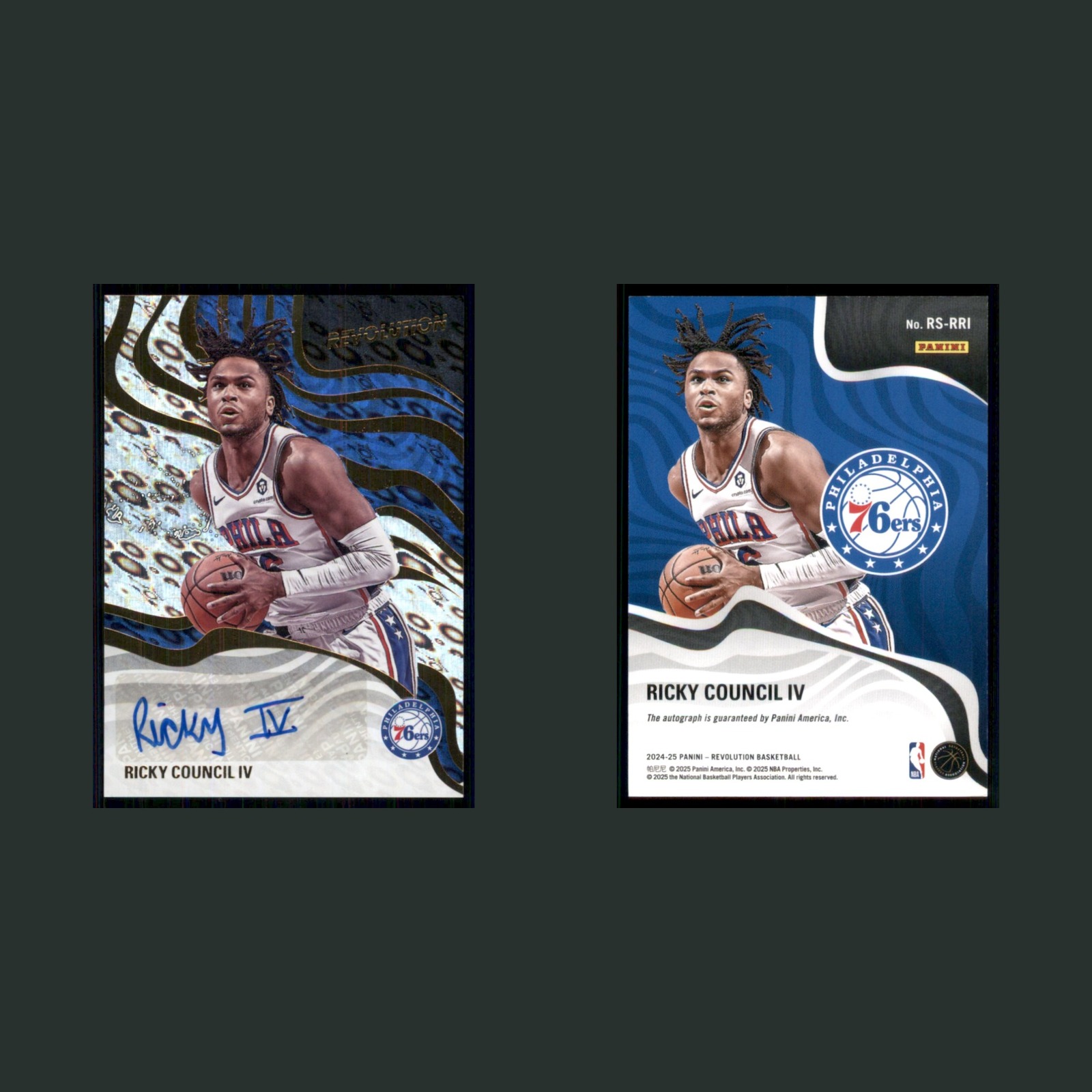 Ricky Council IV Auto #RS-RRI Autograph 2024-25 Panini Revolution Signatures NBA front and back scans. Card condition is Near Mint.