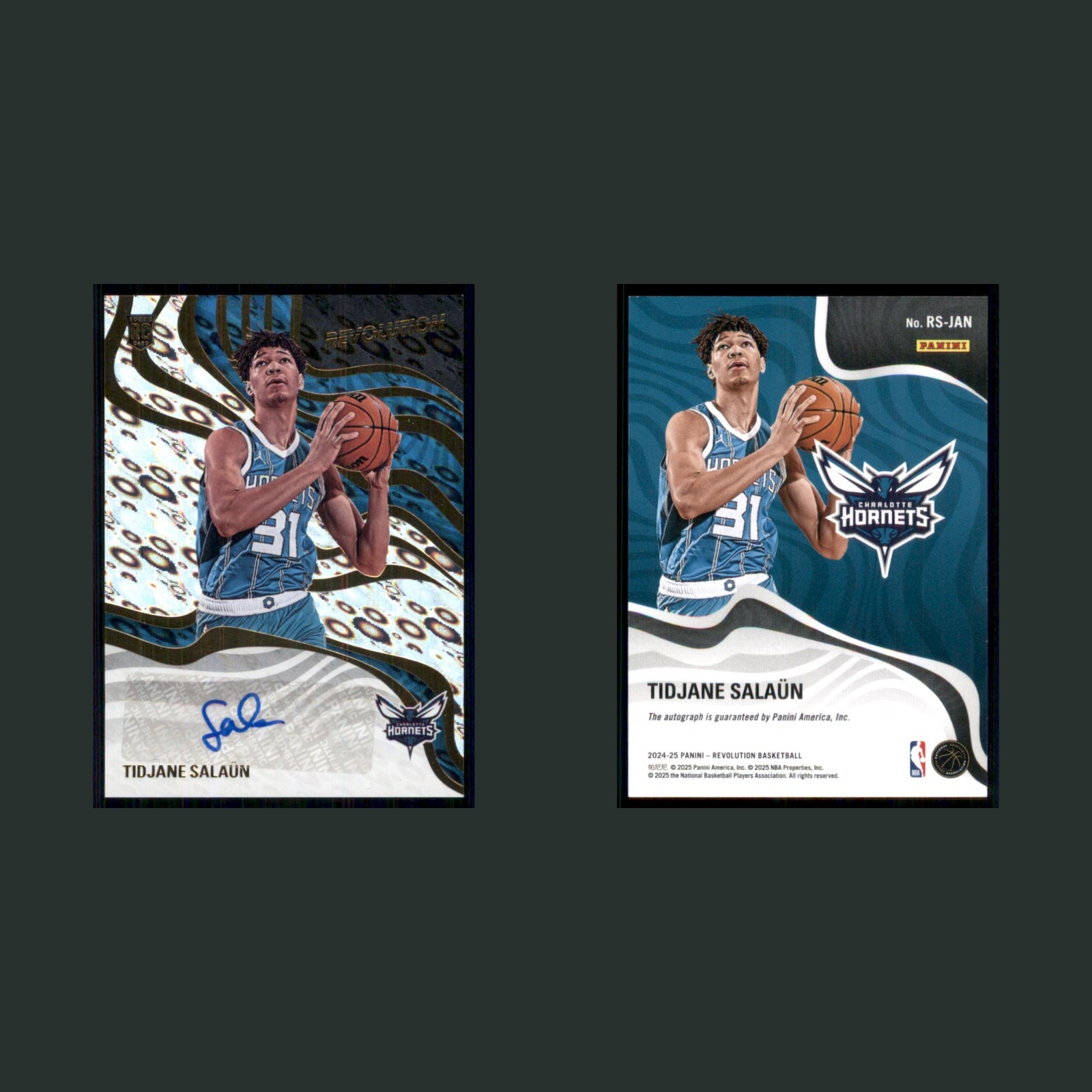 Tidjane Salaun Rookie #RS-JAN Autograph 2024-25 Panini Revolution Signatures NBA front and back scans. Card condition is Near Mint.