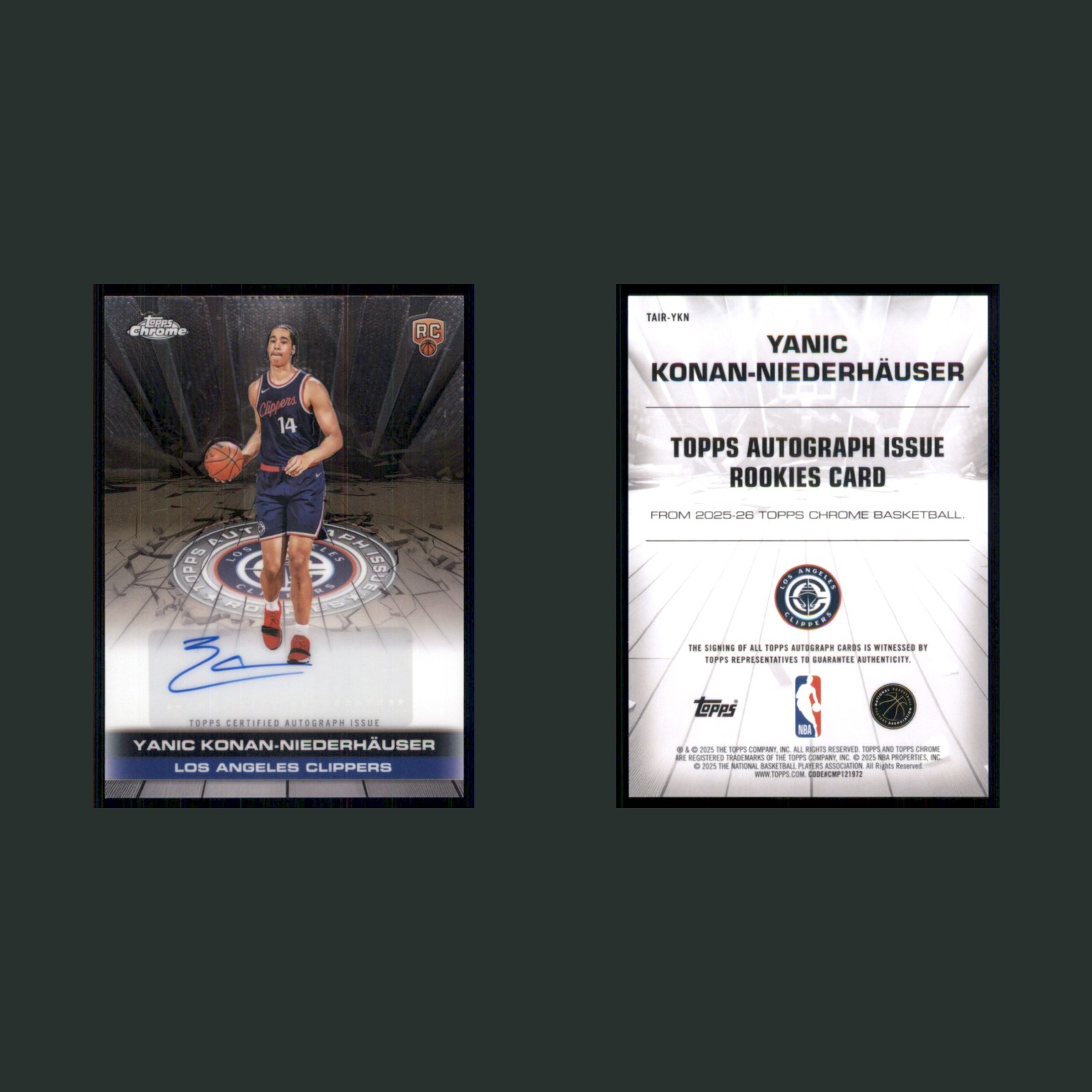 Yanic Konan-Niederhauser Rookie #TAIR-YKN Autograph 2025-26 Topps Chrome Card front and back scans. Card condition is Near Mint.