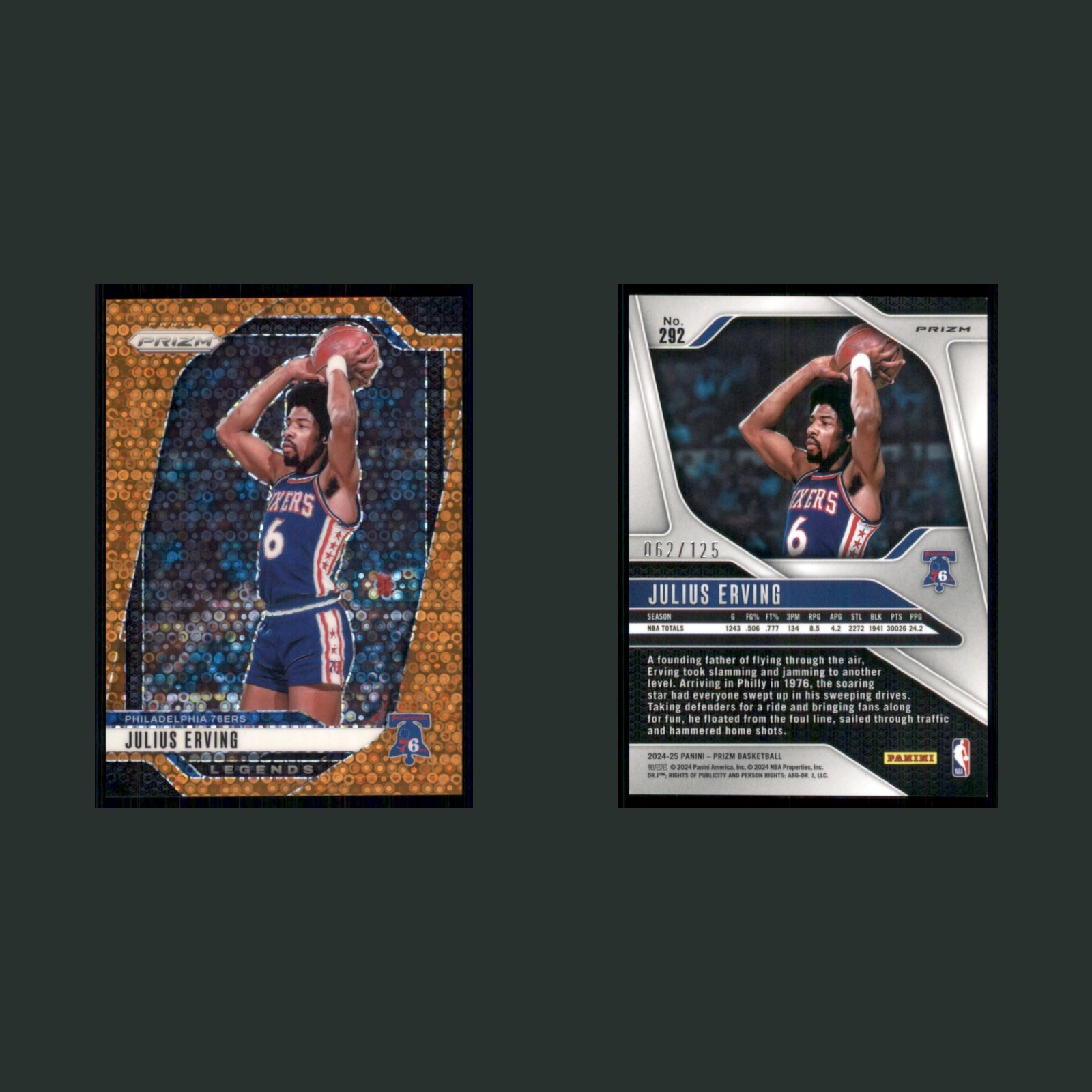 Julius Erving /125 #292 2024-25 Panini Prizm Prizms Fast Break Orange 76ers Card front and back scans. Card condition is Near Mint.