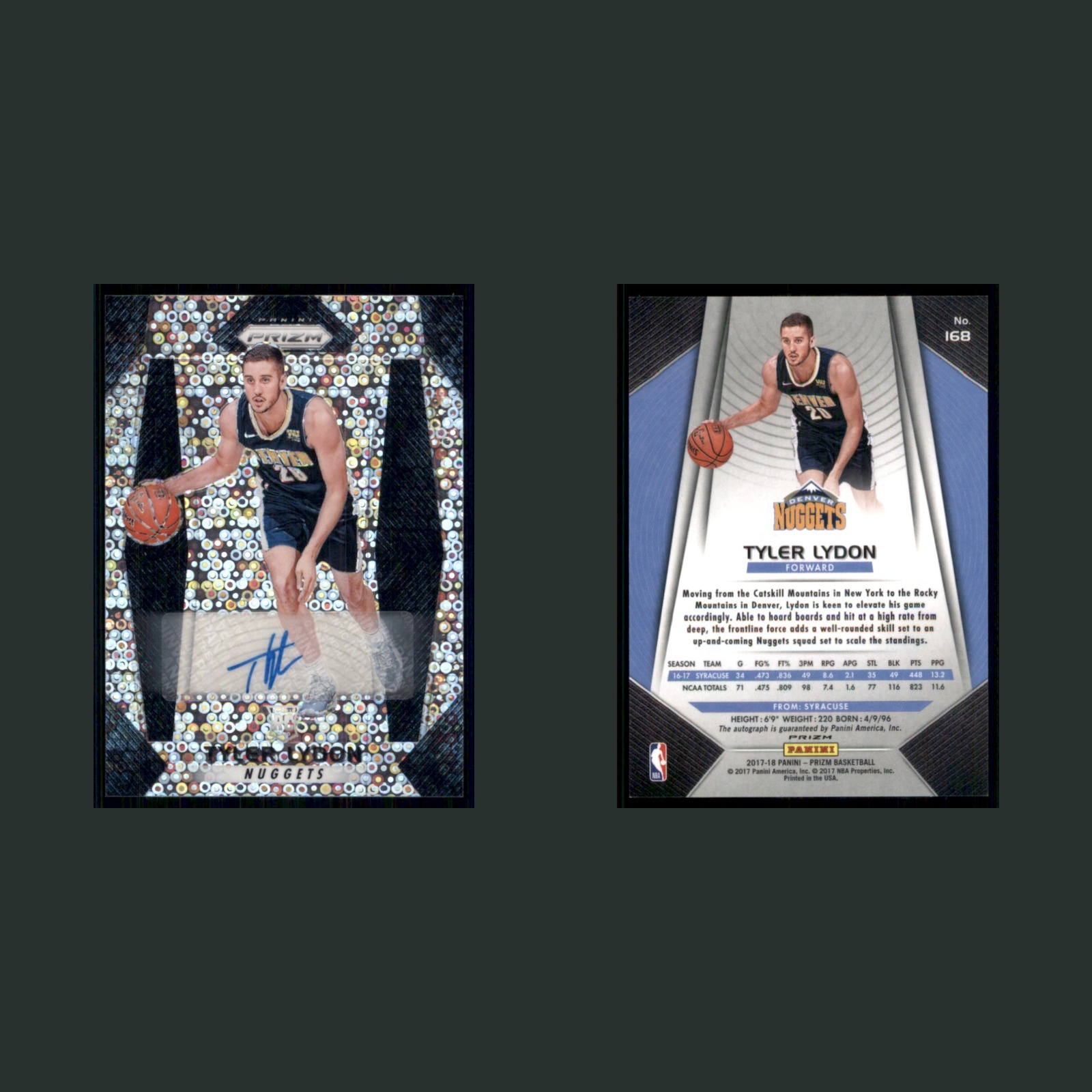 Tyler Lydon Auto #168 Autograph 2017-18 Panini Prizm No Huddle Disco Nuggets NBA front and back scans. Card condition is Near Mint.