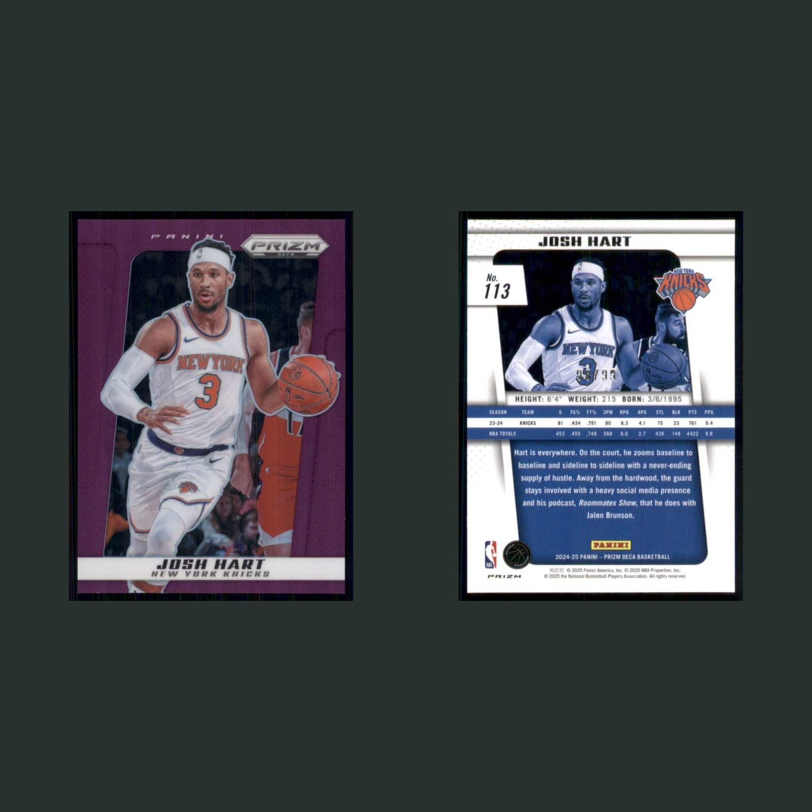 Josh Hart /99 #113 2024-25 Panini Prizm Deca Purple New York Knicks Basketball front and back scans. Card condition is Near Mint.