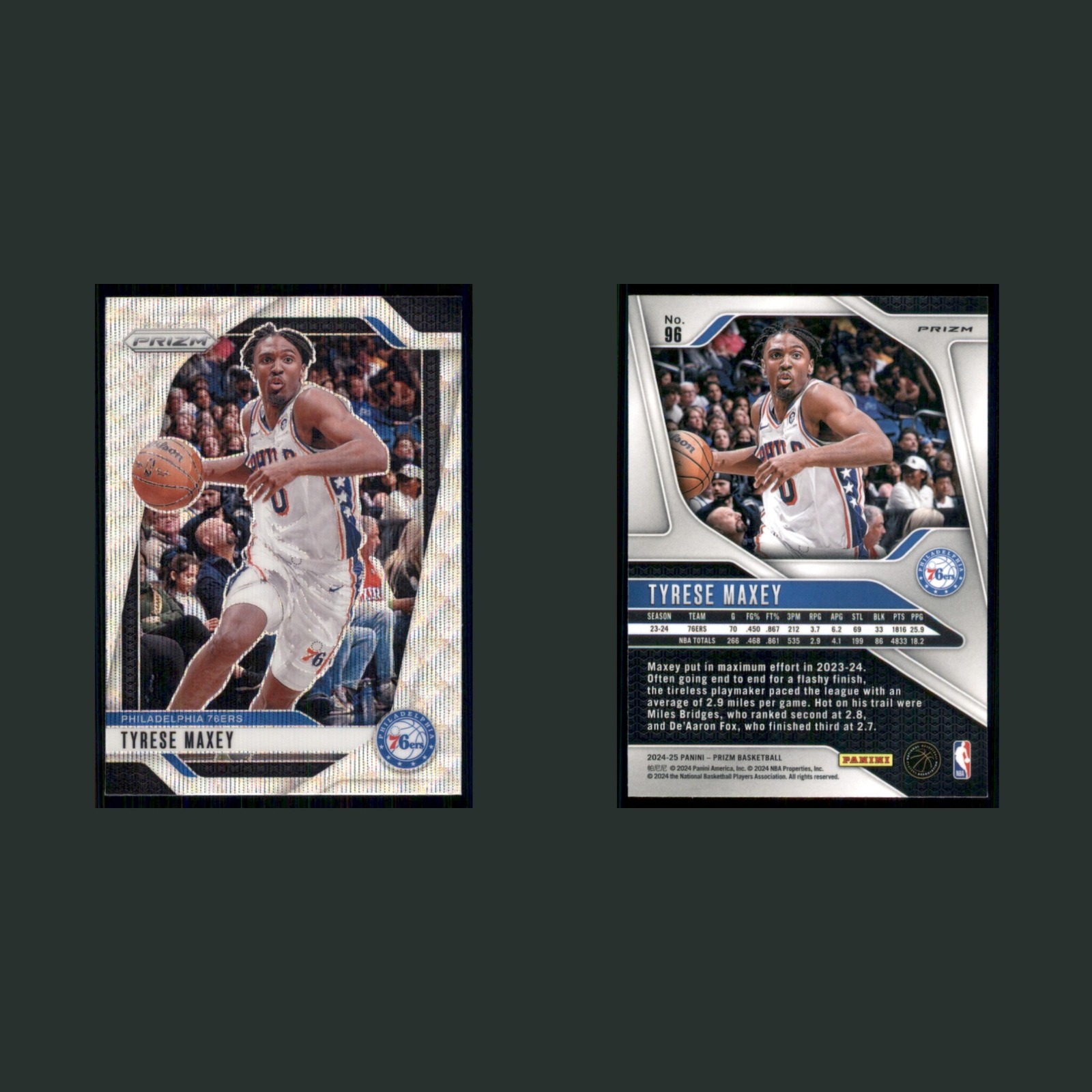 Tyrese Maxey #96 2024-25 Panini Prizm Wave Philadelphia 76ers Basketball Card front and back scans. Card condition is Near Mint.