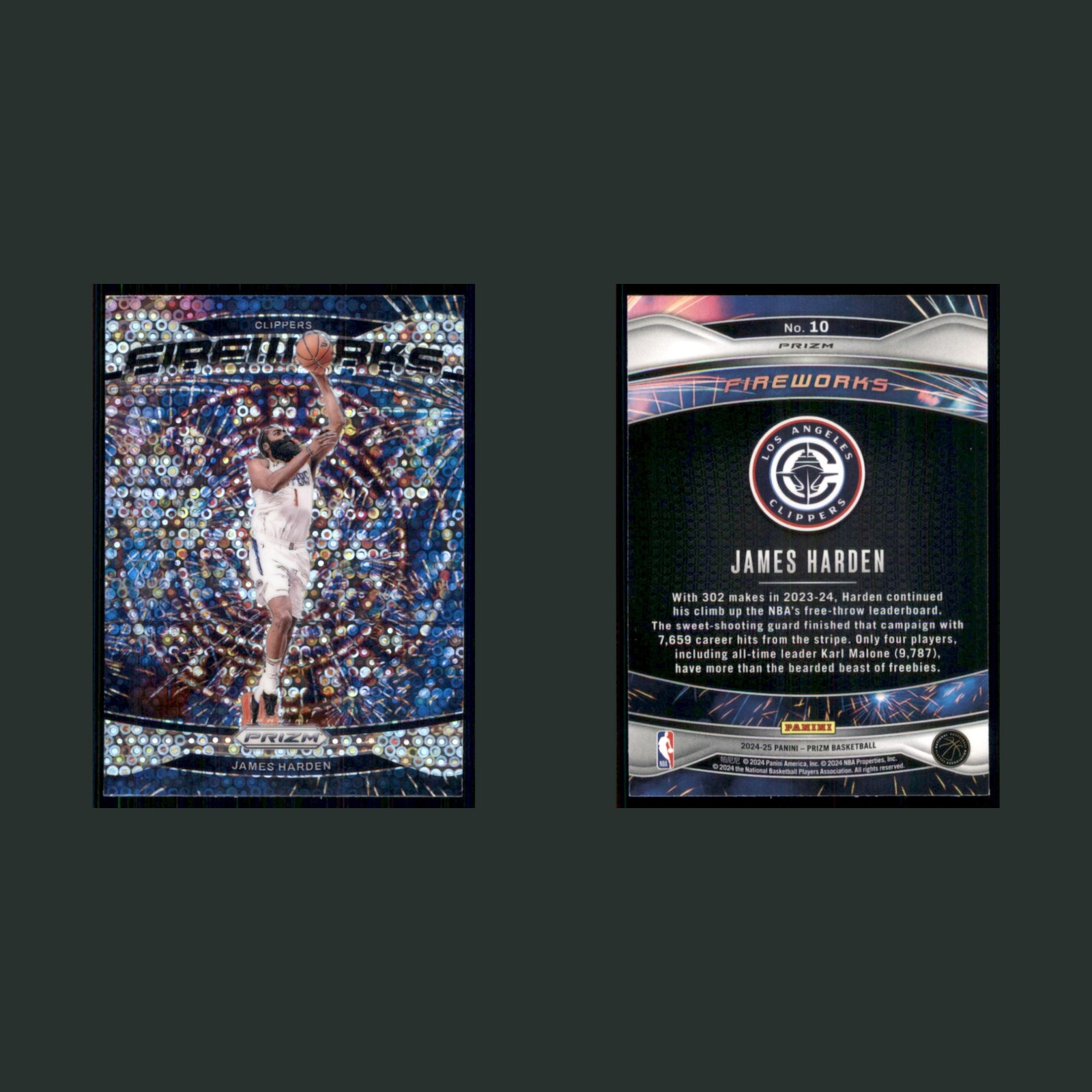 James Harden #10 2024-25 Panini Prizm Fireworks Silver Disco Clippers Basketball front and back scans. Card condition is Near Mint.