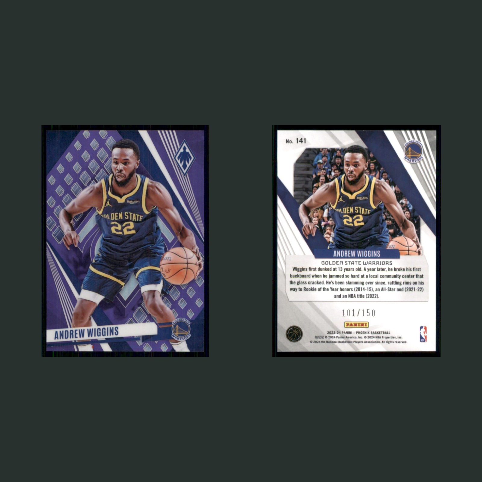Andrew Wiggins /150 #141 2023-24 Panini Phoenix Purple Prizm Basketball Card NBA front and back scans. Card condition is Near Mint.