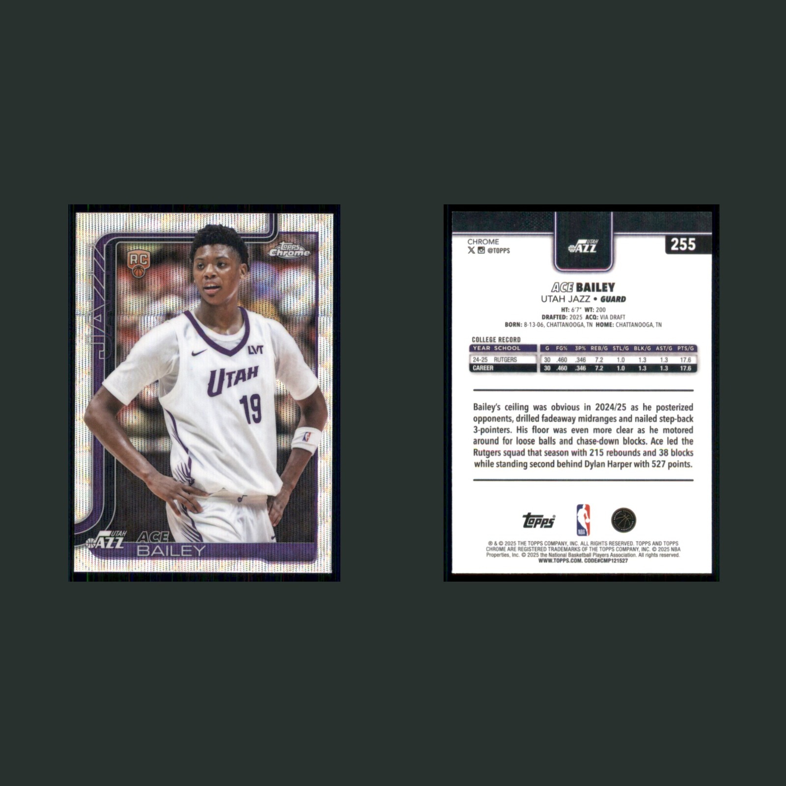Ace Bailey Rookie #255 2025-26 Topps Chrome Wave Refractor Utah Jazz Basketball front and back scans. Card condition is Near Mint.