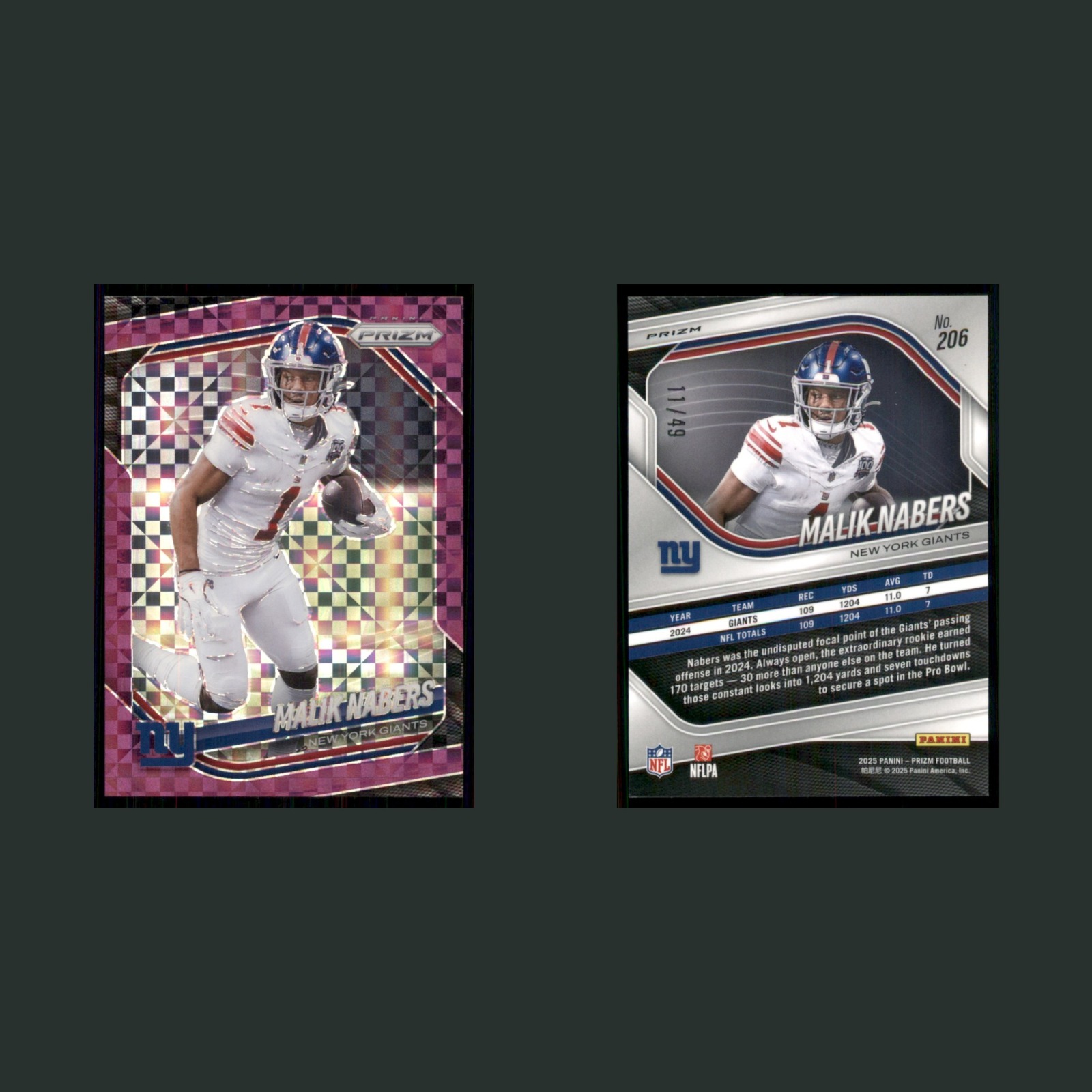 Malik Nabers /49 #206 2025 Panini Prizm Purple Power New York Giants Football front and back scans. Card condition is Near Mint.