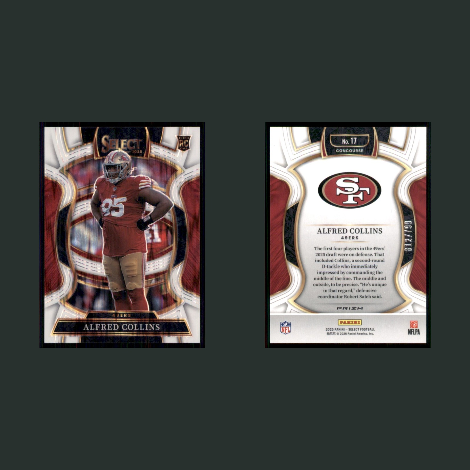 Alfred Collins /799 #17 2025 Panmini Select White Shock Prizm 49ers Football NFL front and back scans. Card condition is Near Mint.