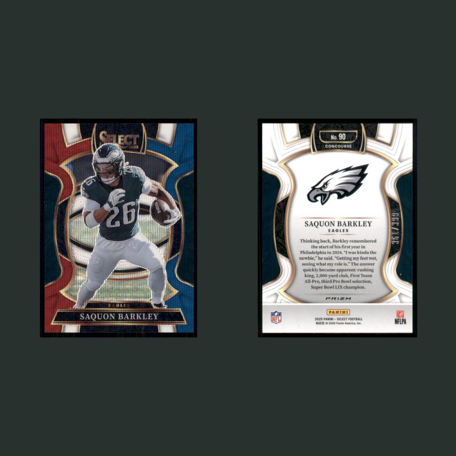 Saquon Barkley /399 #90 2025 Panini Select Tri-Color Prizm Philadelphia Eagles front and back scans. Card condition is Near Mint.