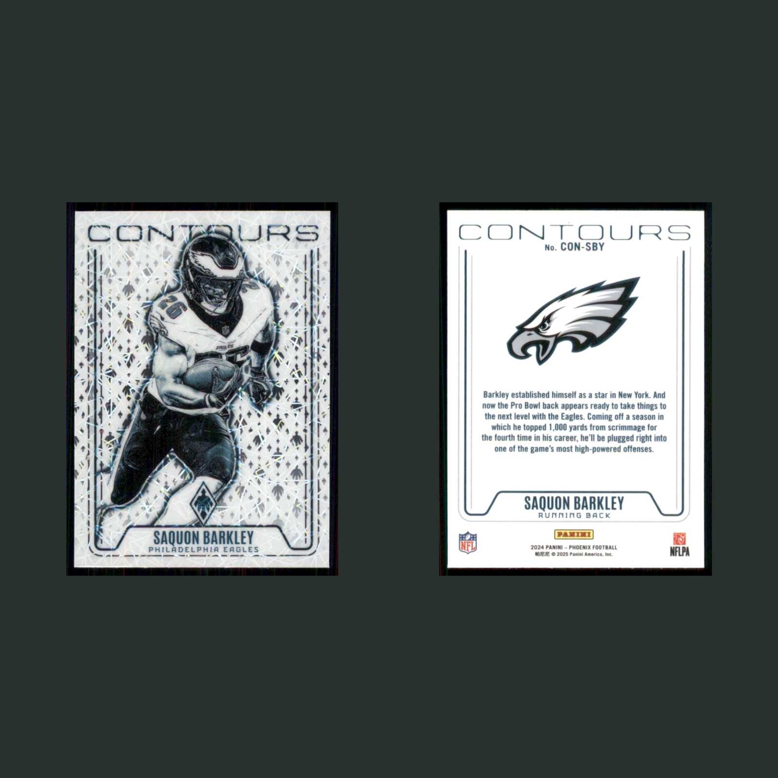 Saquon Barkley #CON-SBY 2025 Panini Phoenix Contours Lazer Prizm Eagles Football front and back scans. Card condition is Near Mint.
