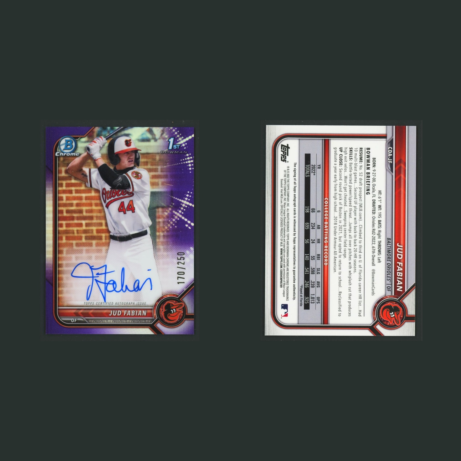Jud Fabian Rookie /250 #CDA-JF Autograph 2022 Bowman Chrome Purple Refractor MLB front and back scans. Card condition is Near Mint.