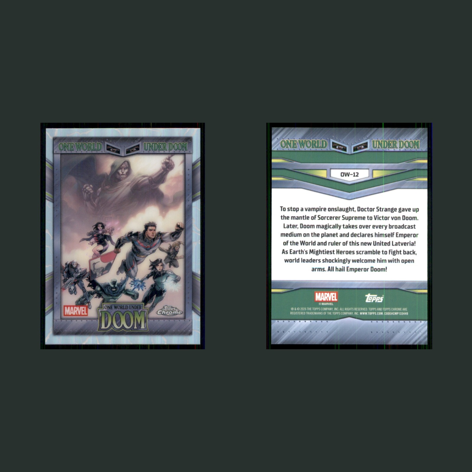 Doctor Strange #OW-12 2026 Topps Chrome One World Under Doom Marvel Card front and back scans. Card condition is Near Mint.