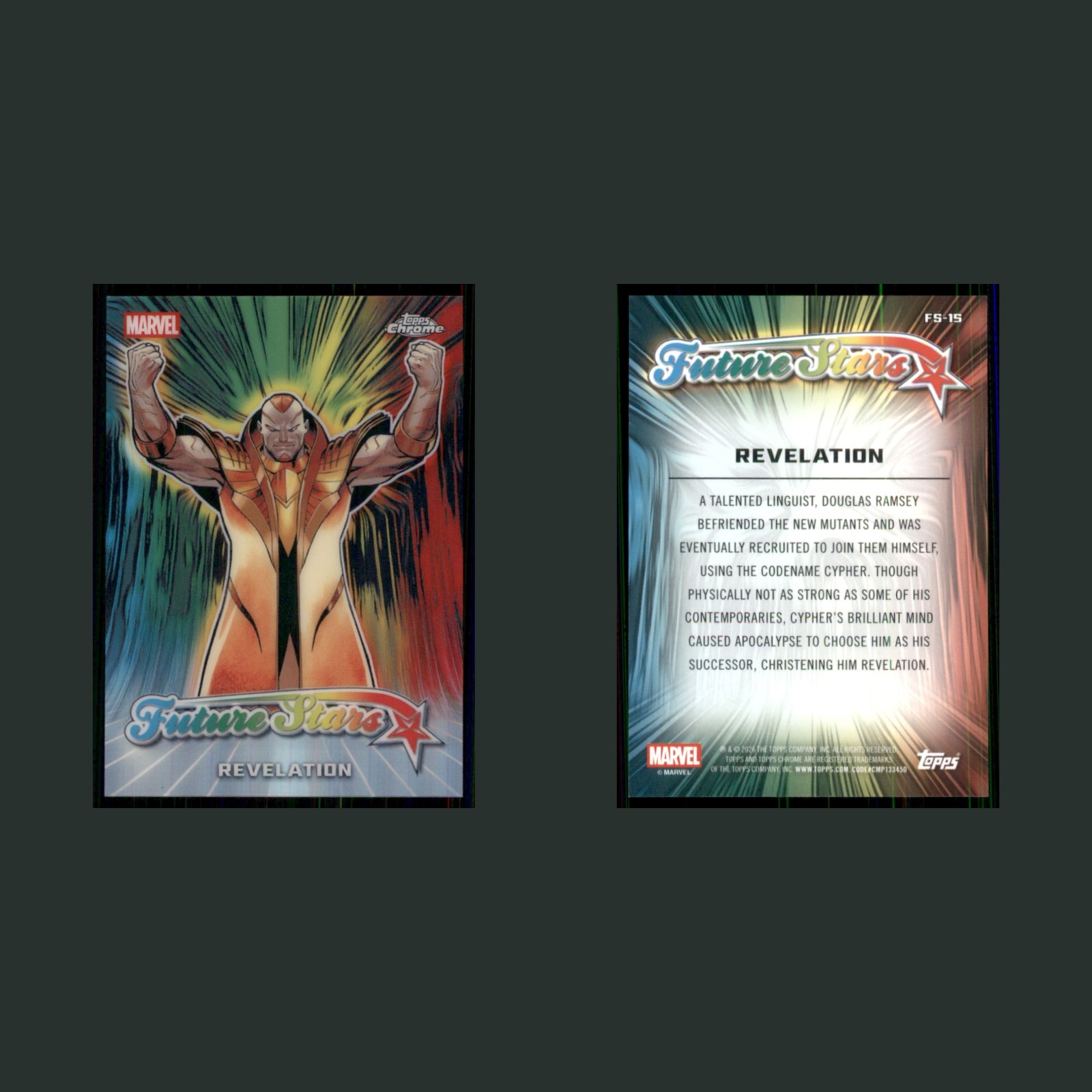 Revelation #FS-15 2026 Topps Chrome Future Stars Marvel Card front and back scans. Card condition is Near Mint.