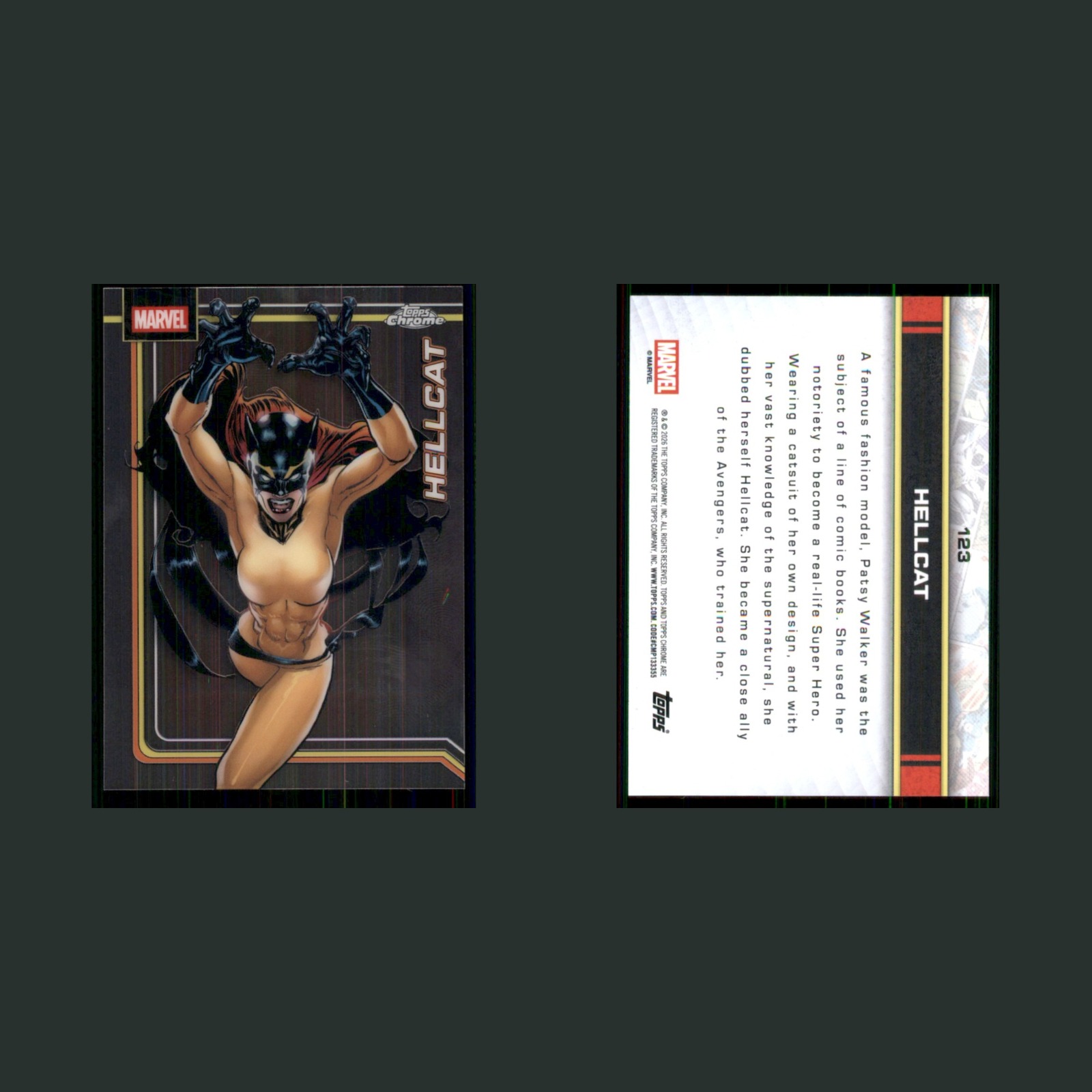 Hellcat #123 2026 Topps Chrome Marvel Marvel Card front and back scans. Card condition is Near Mint.