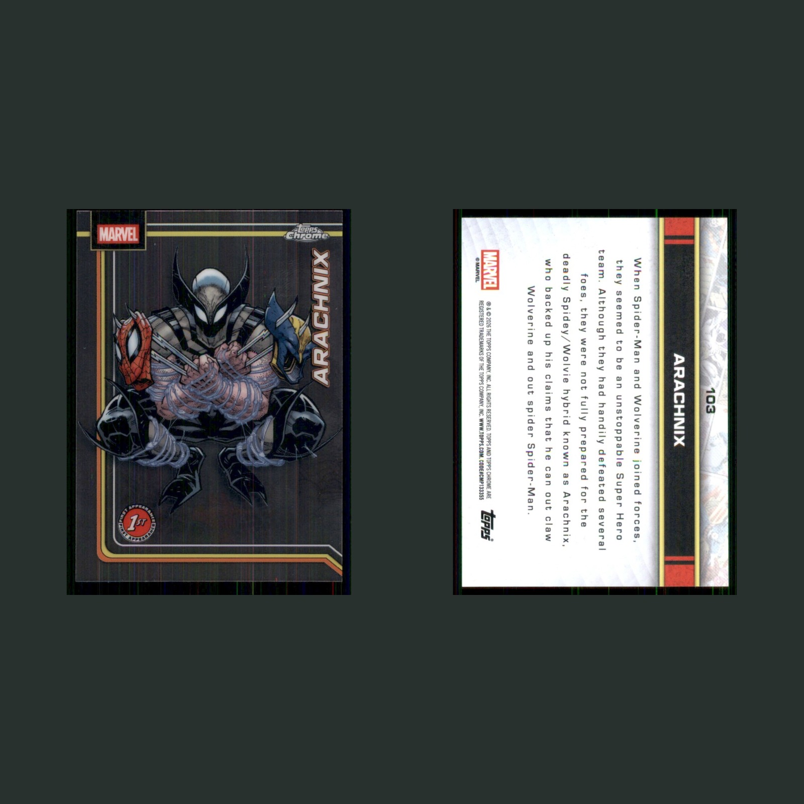Arachnix #103 2026 Topps Chrome Marvel Marvel Card front and back scans. Card condition is Near Mint.