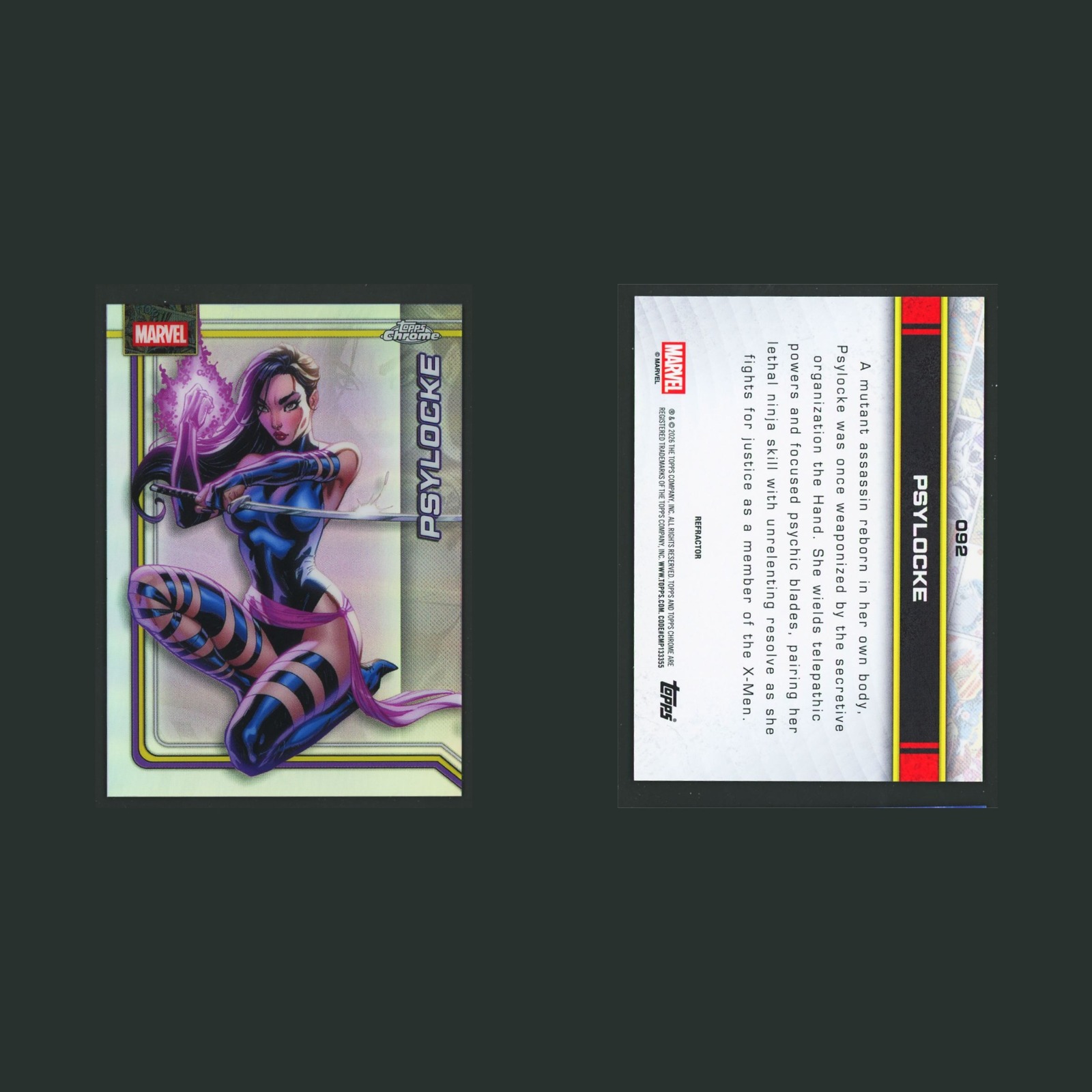 Psylocke #92 2026 Topps Chrome Marvel Marvel Card front and back scans. Card condition is Near Mint.