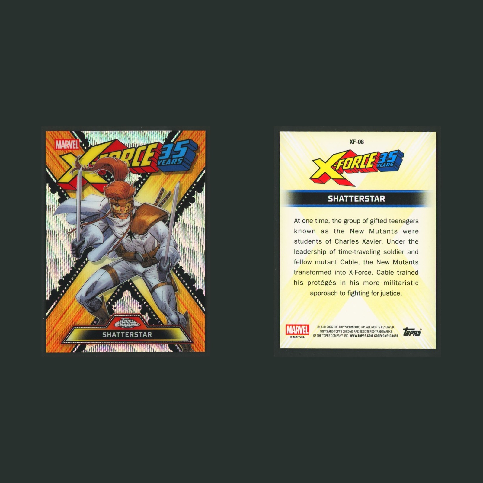 Shatterstar #XF-08 2026 Topps Chrome X-Force 35 Years Marvel Card front and back scans. Card condition is Near Mint.
