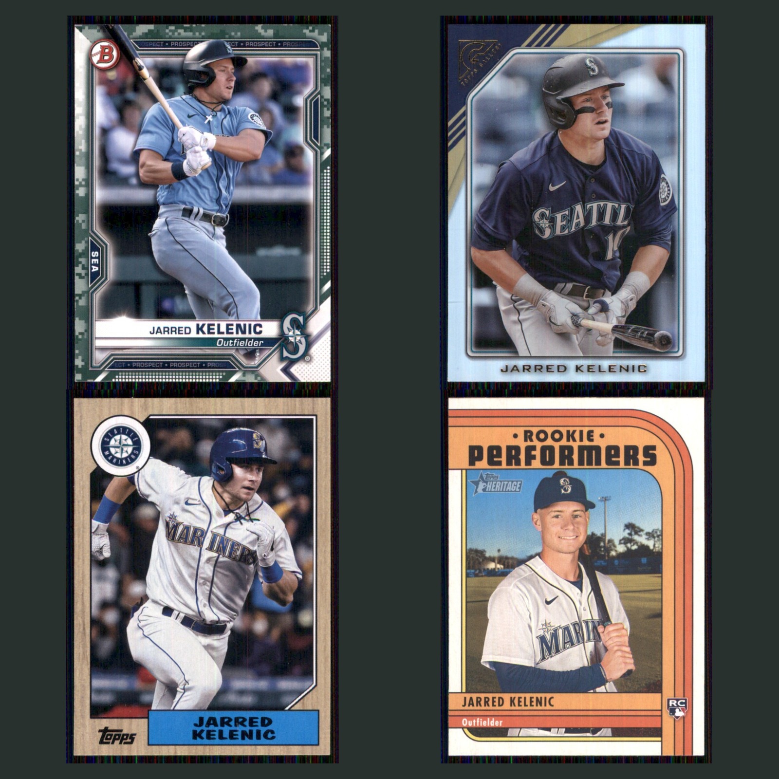 Jarred Kelenic Lot 4 Baseball Cards 2021 Bowman Prospects Seattle Mariners Set card scans. Overall card condition is Near Mint.