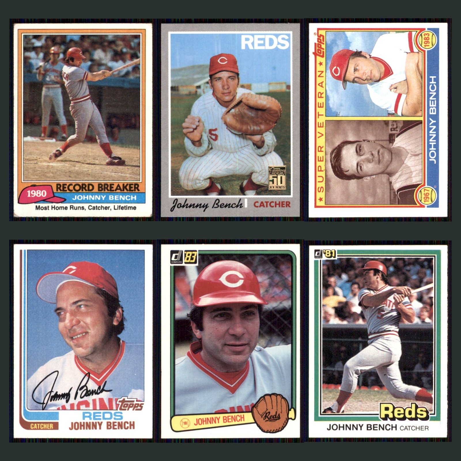 Johnny Bench Lot 6 Baseball Cards 1981 Topps Cincinnati Reds Set Collection MLB card scans. Overall card condition is Near Mint.