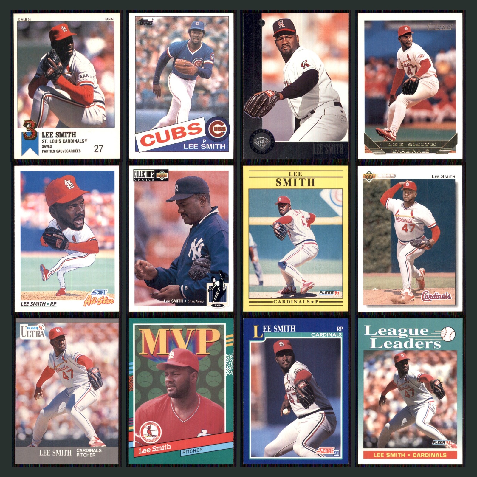 Lee Smith Lot 12 Baseball Cards 1991 Panini MLB St. Louis Cardinals Set MLB NM card scans. Overall card condition is Near Mint.