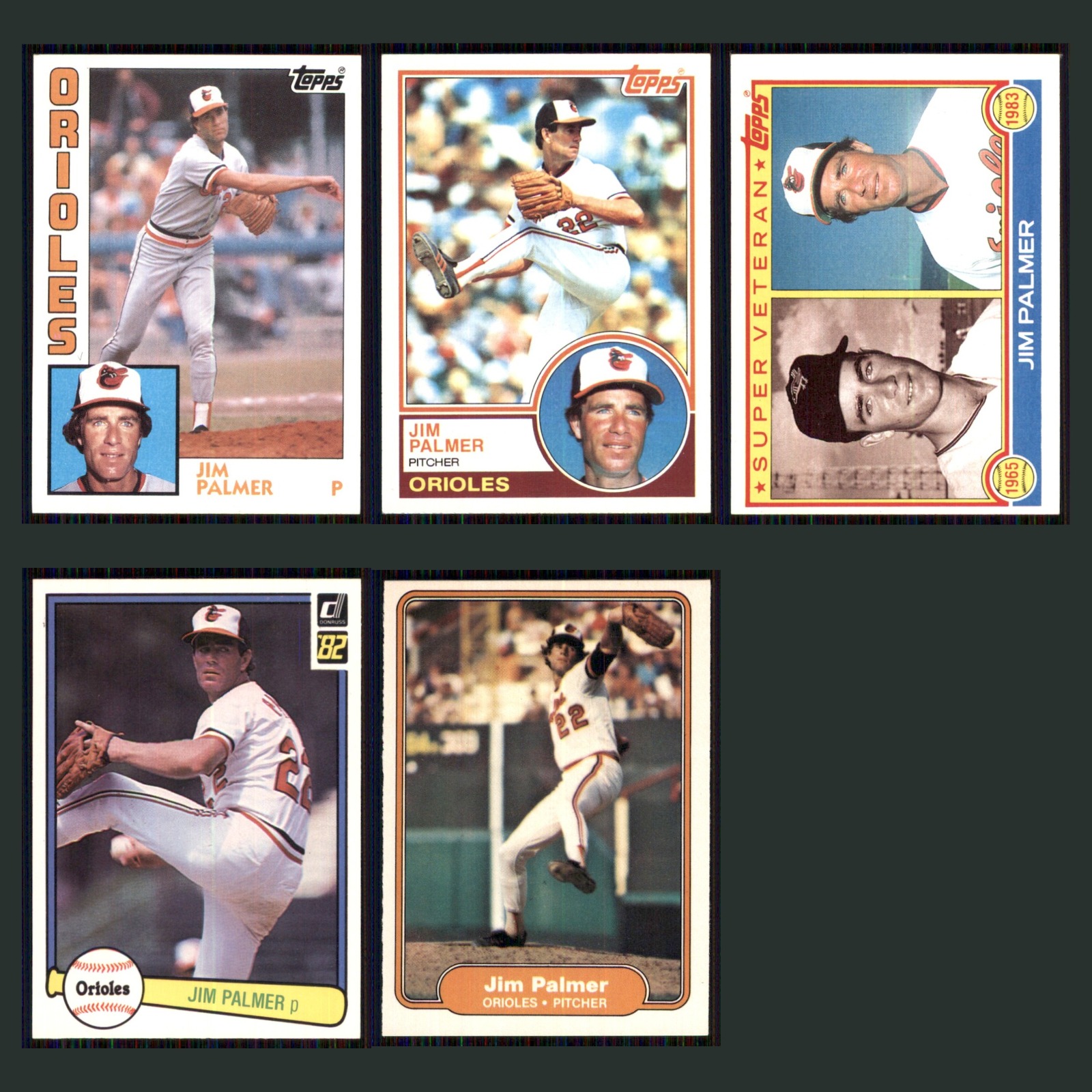 Jim Palmer Lot 5 Baseball Cards 1984 Topps Baltimore Orioles Set Collection MLB card scans. Overall card condition is Near Mint.
