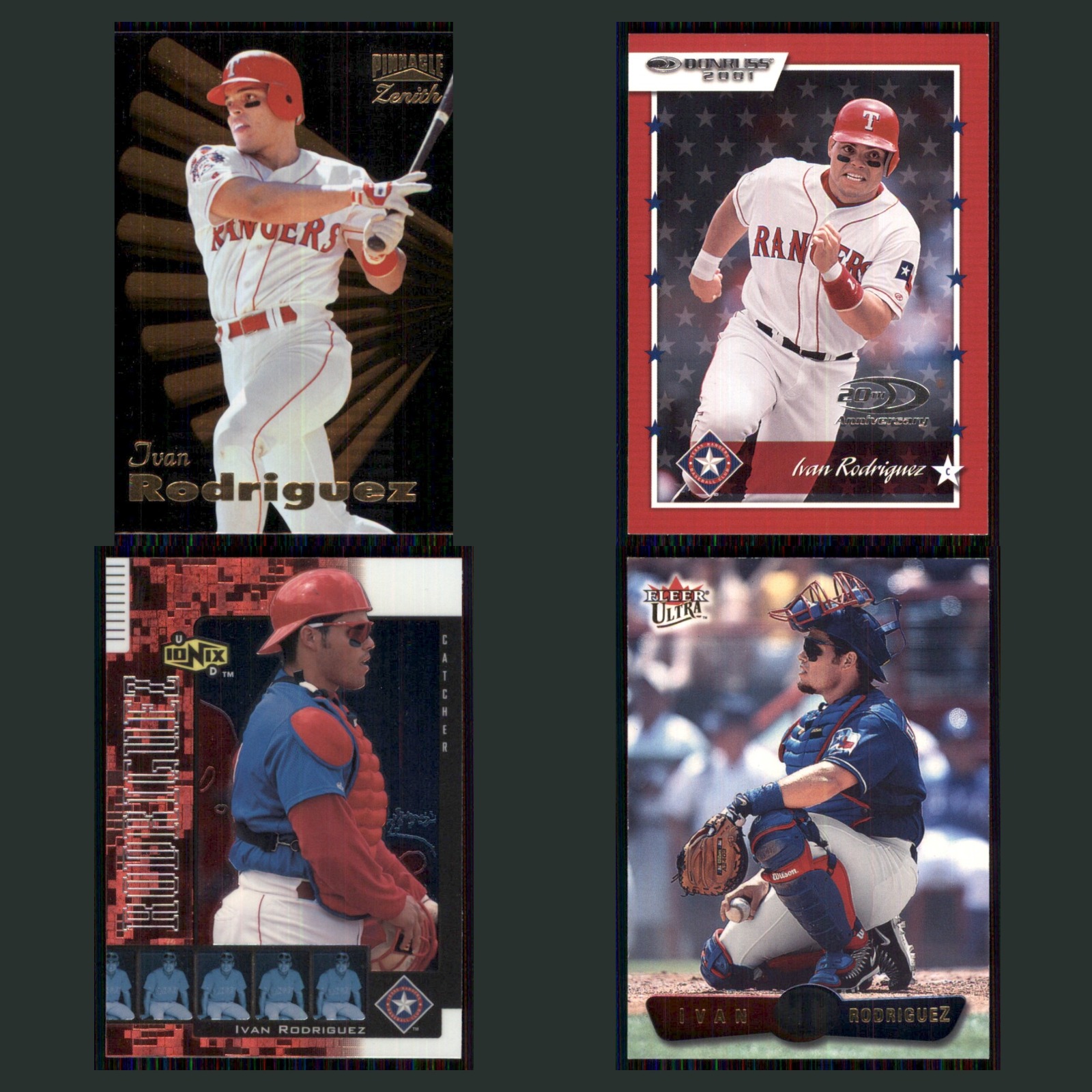 Ivan Rodriguez Lot 4 Baseball Cards 1997 Pinnacle Zenith Texas Rangers Set MLB card scans. Overall card condition is Near Mint.