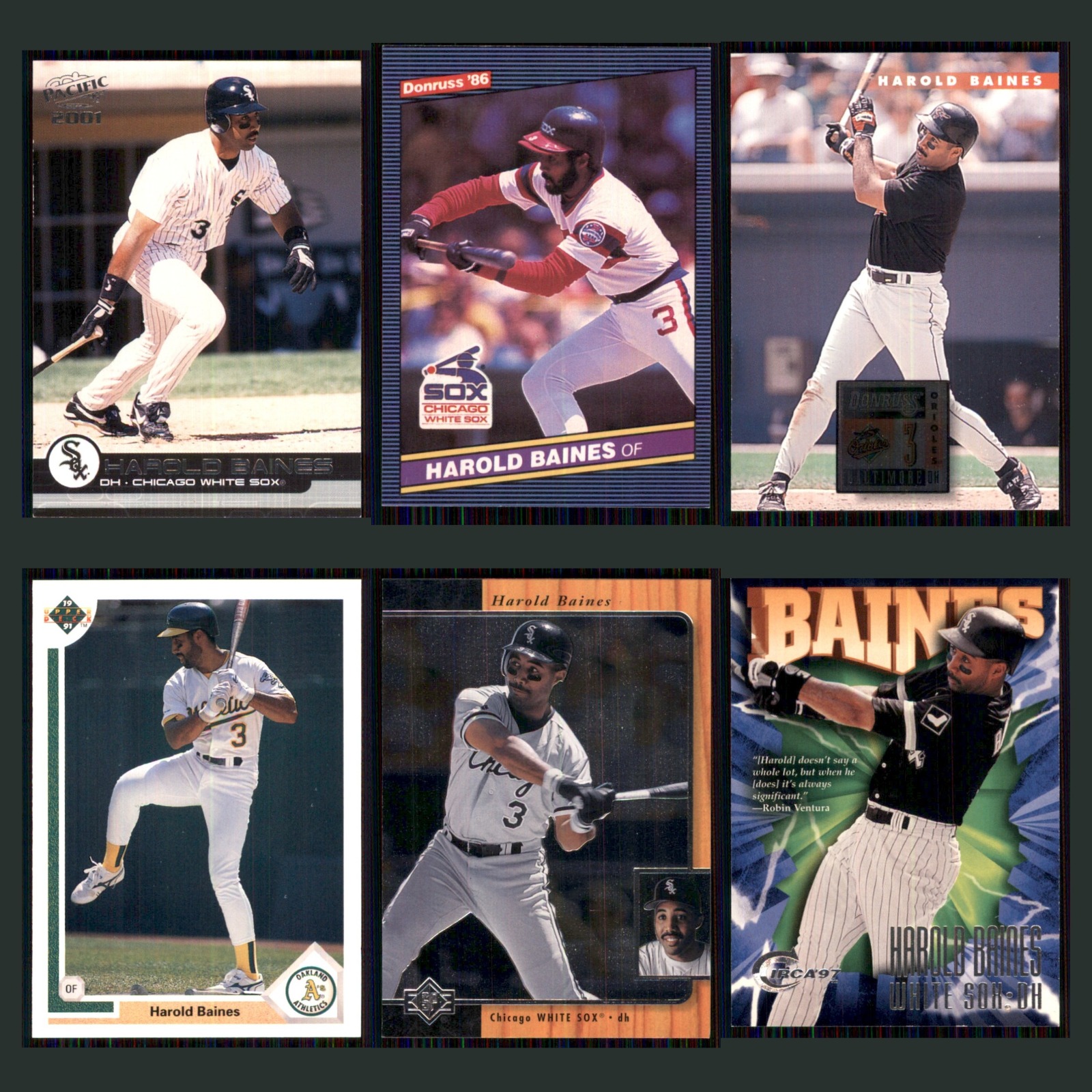 Harold Baines Lot 6 Baseball Cards 2001 Pacific Chicago White Sox Set Collection card scans. Overall card condition is Near Mint.